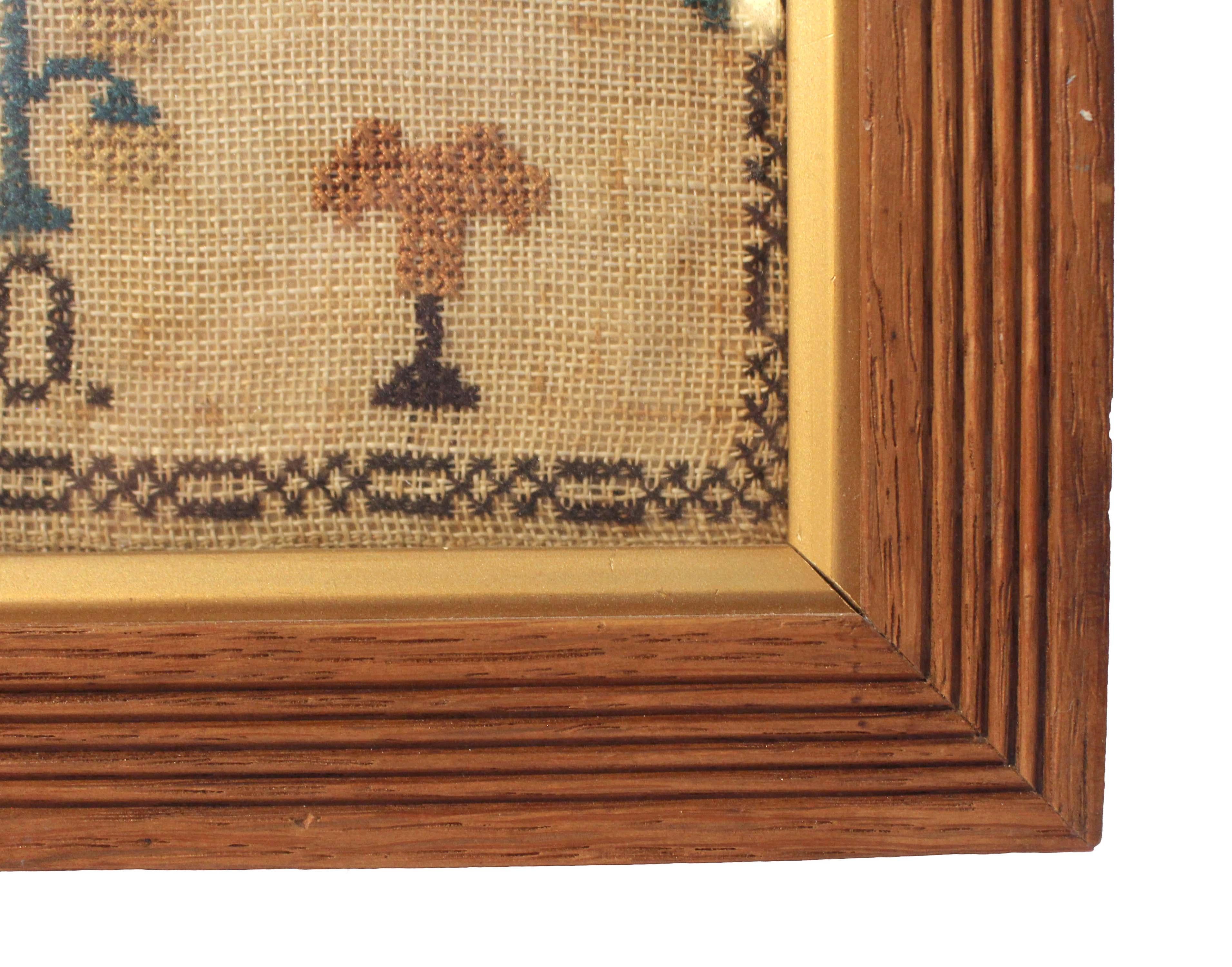 Embroidered 1860 Sampler Made by Selina Kirk in Oak Frame