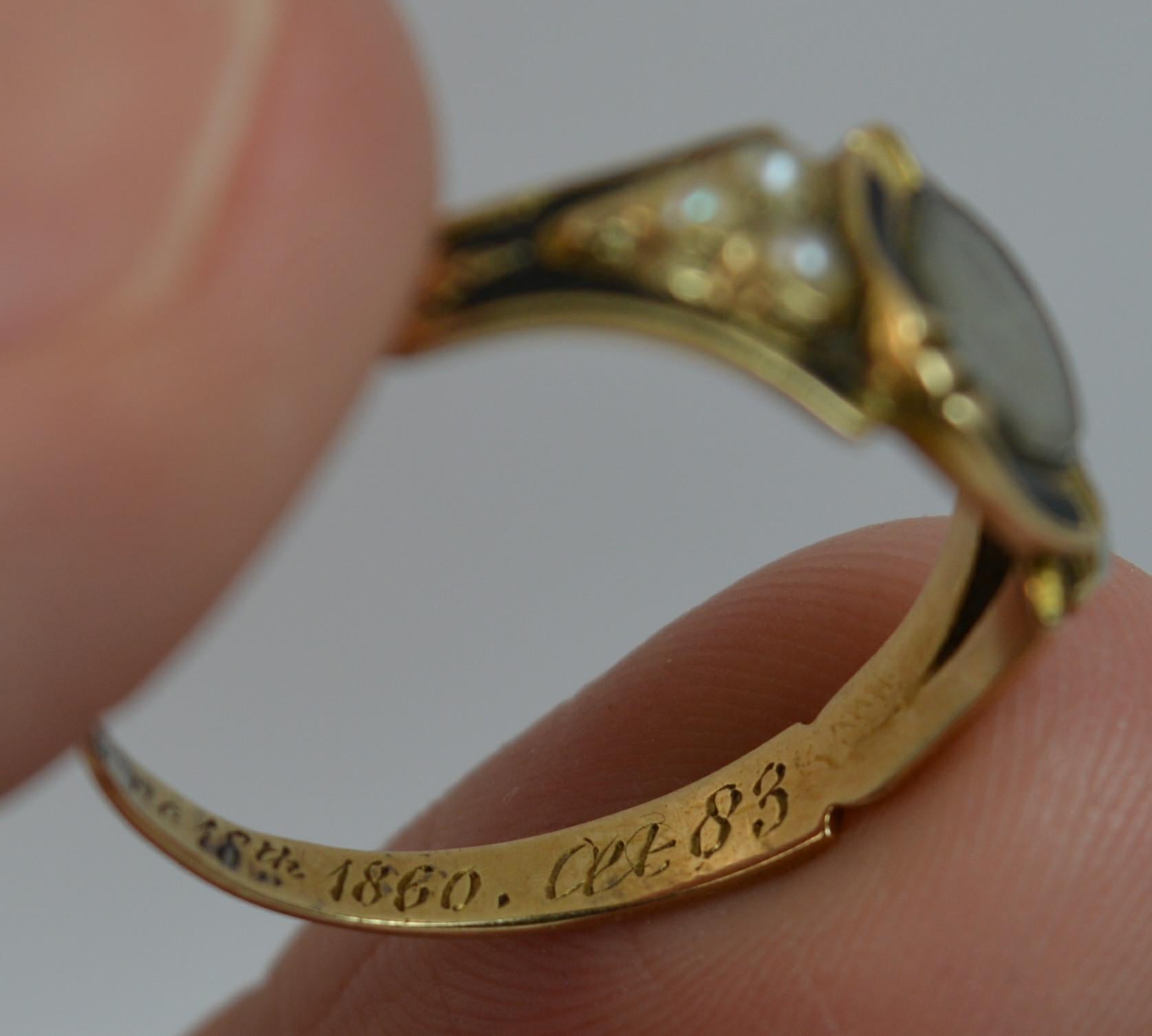 1860 Victorian 18ct Gold Enamel Pearl & Hair Mourning Signet Ring with Engraving 3