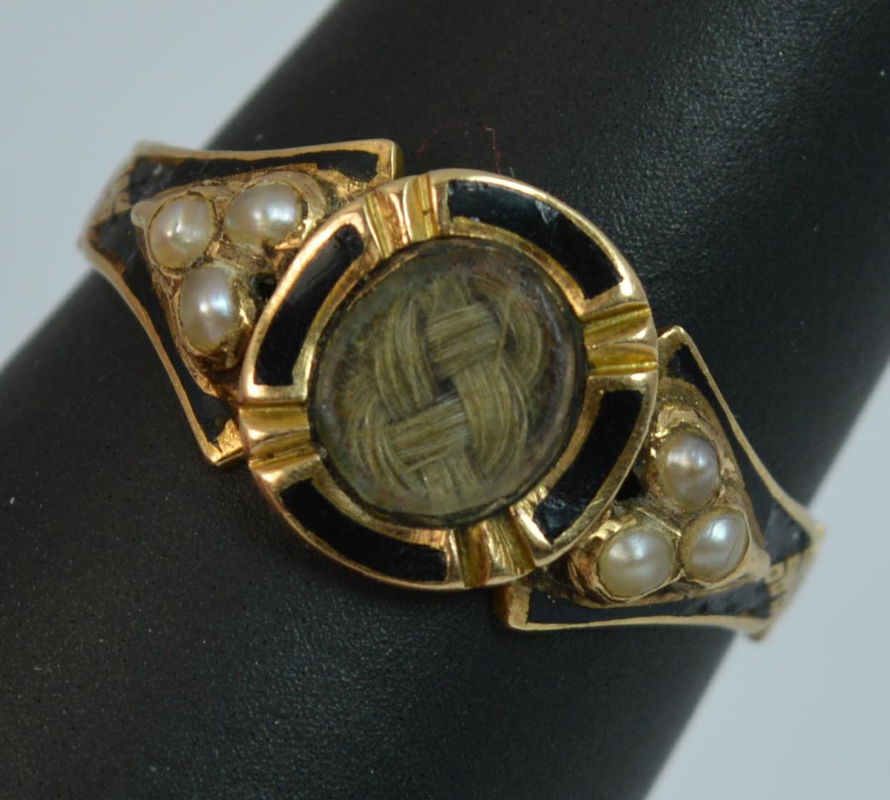 1860 Victorian 18ct Gold Enamel Pearl & Hair Mourning Signet Ring with Engraving 5