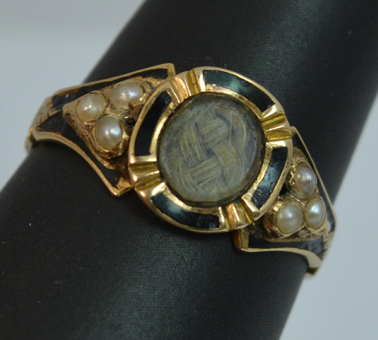 1860 Victorian 18ct Gold Enamel Pearl & Hair Mourning Signet Ring with Engraving 6