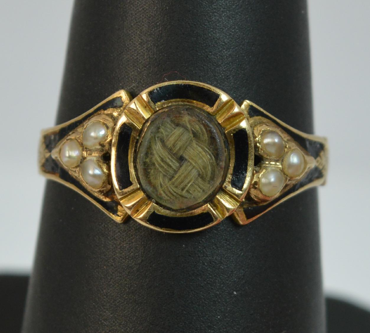 1860 Victorian 18ct Gold Enamel Pearl & Hair Mourning Signet Ring with Engraving 7