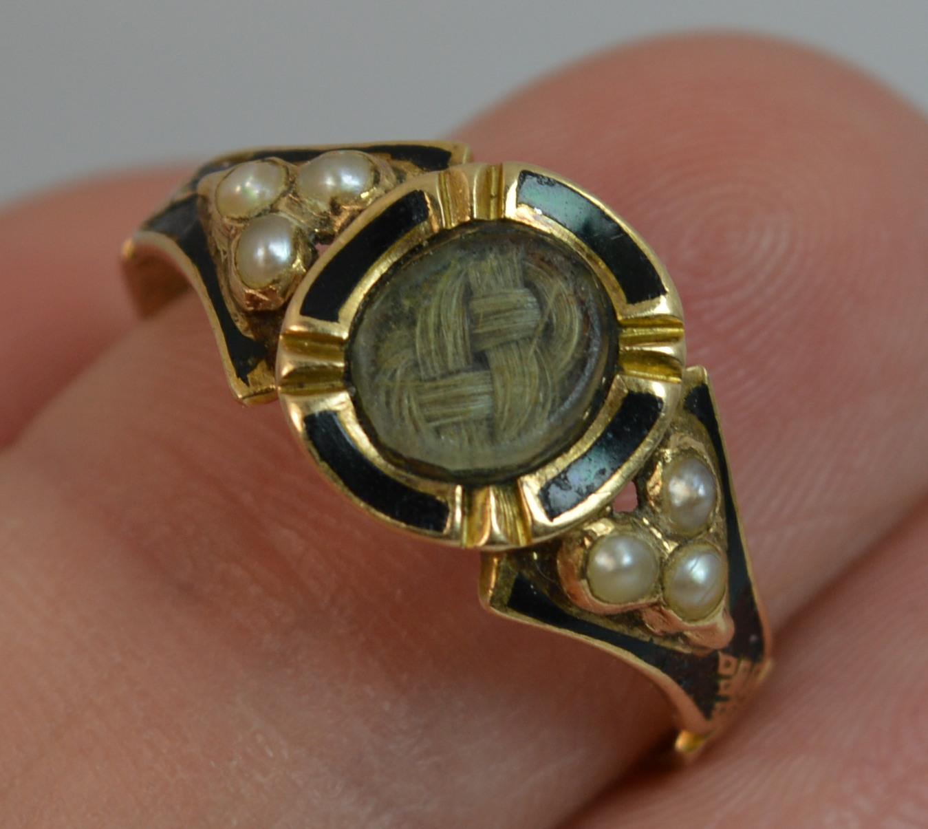 1860 Victorian 18ct Gold Enamel Pearl & Hair Mourning Signet Ring with Engraving In Good Condition In St Helens, GB