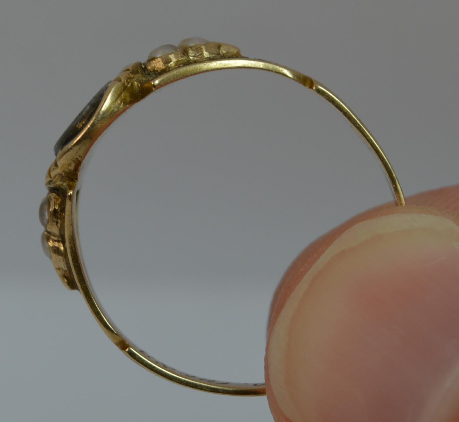 Women's 1860 Victorian 18ct Gold Enamel Pearl & Hair Mourning Signet Ring with Engraving