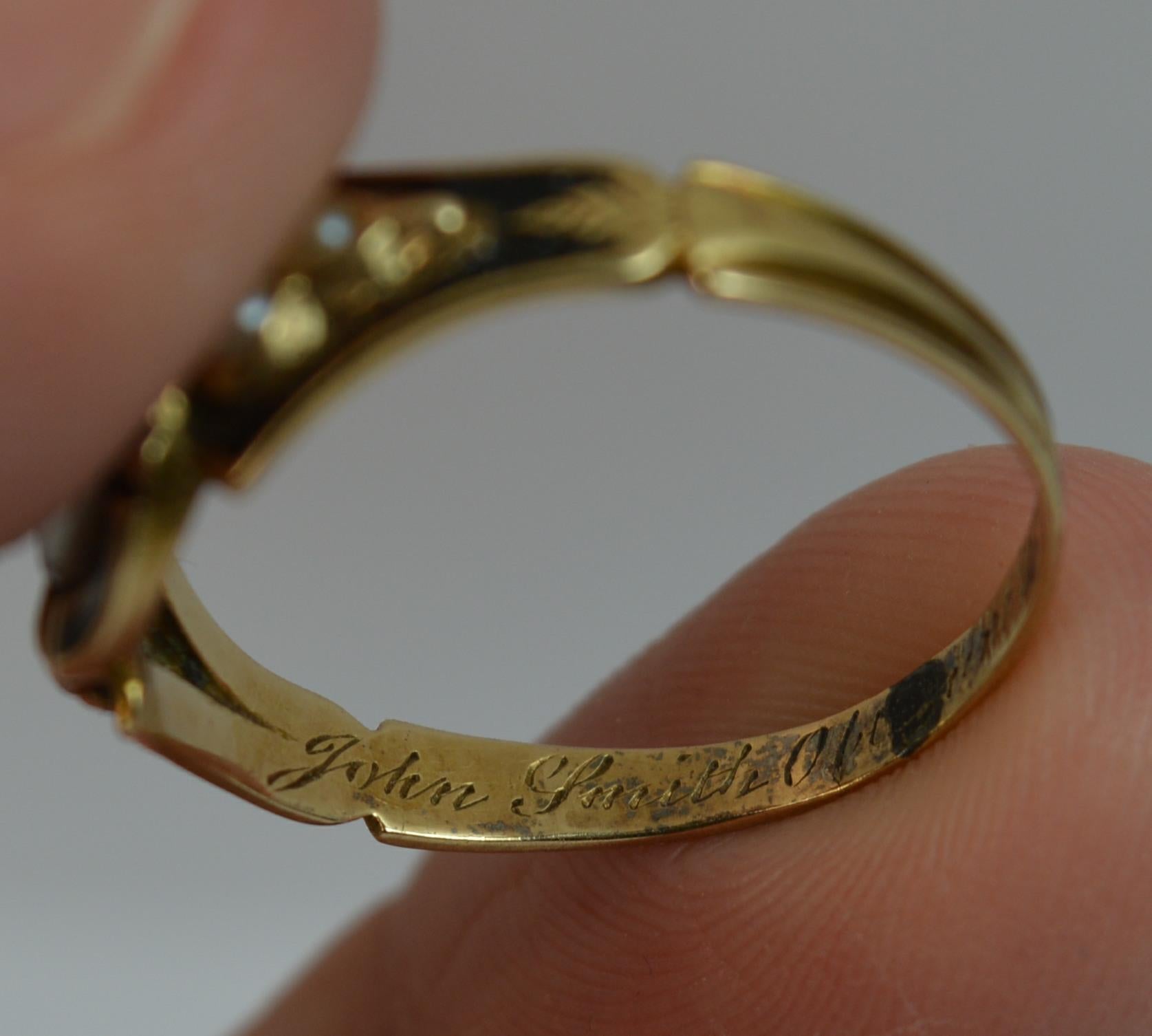 1860 Victorian 18ct Gold Enamel Pearl & Hair Mourning Signet Ring with Engraving 1