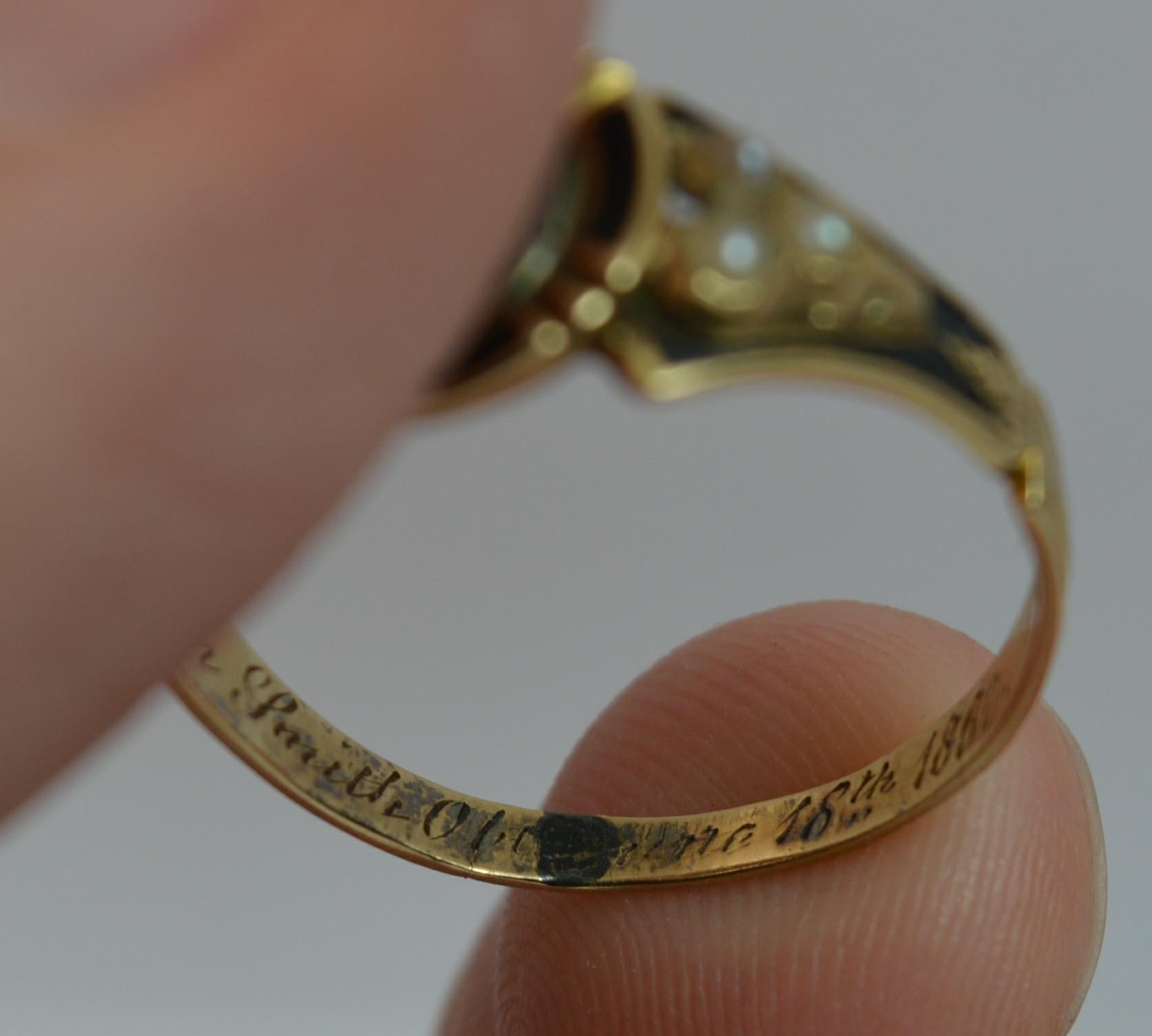 1860 Victorian 18ct Gold Enamel Pearl & Hair Mourning Signet Ring with Engraving 2