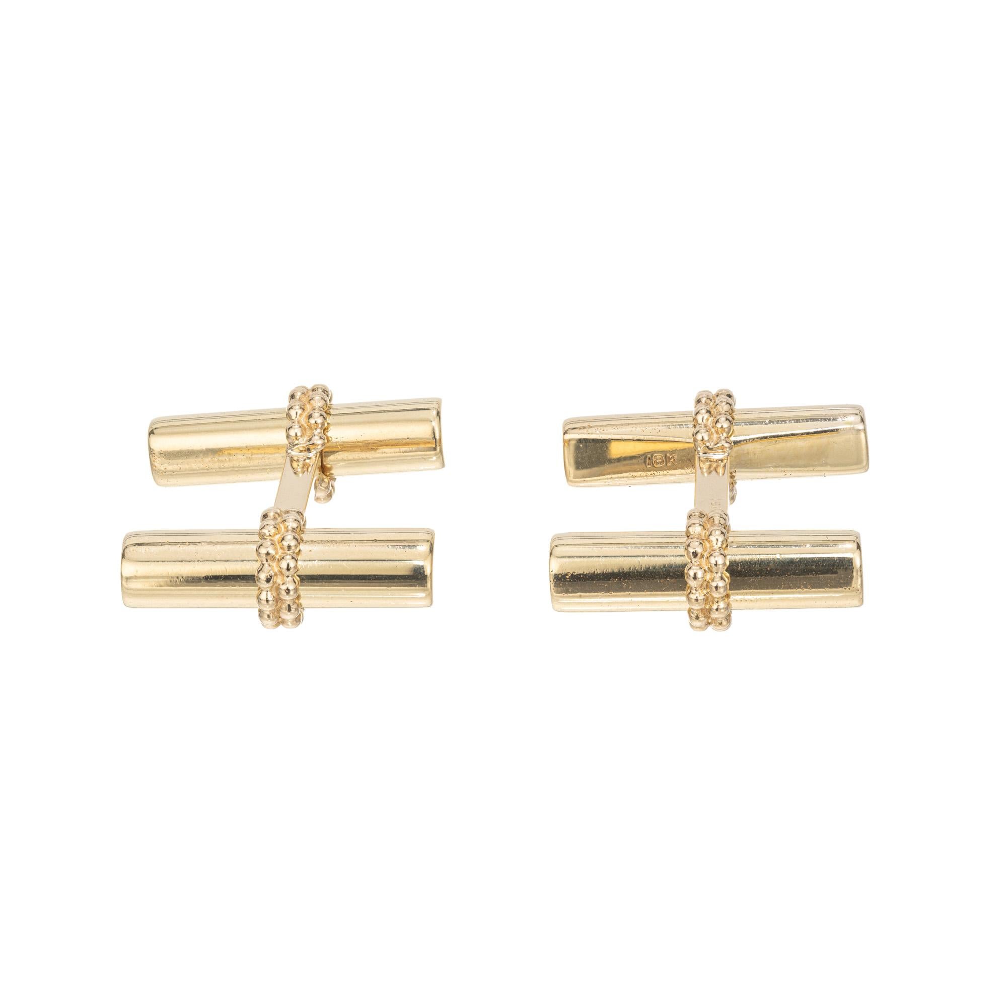 1970's Men's 18k yellow gold cufflinks. These interchangeable cufflinks can be made up to 7 complete sets polished natural gemstone bars. 1 set of gold interchangeable 18k bars. The gemstone bars include, Coral, Hematite, Onyx, Chrysoprase, Tiger