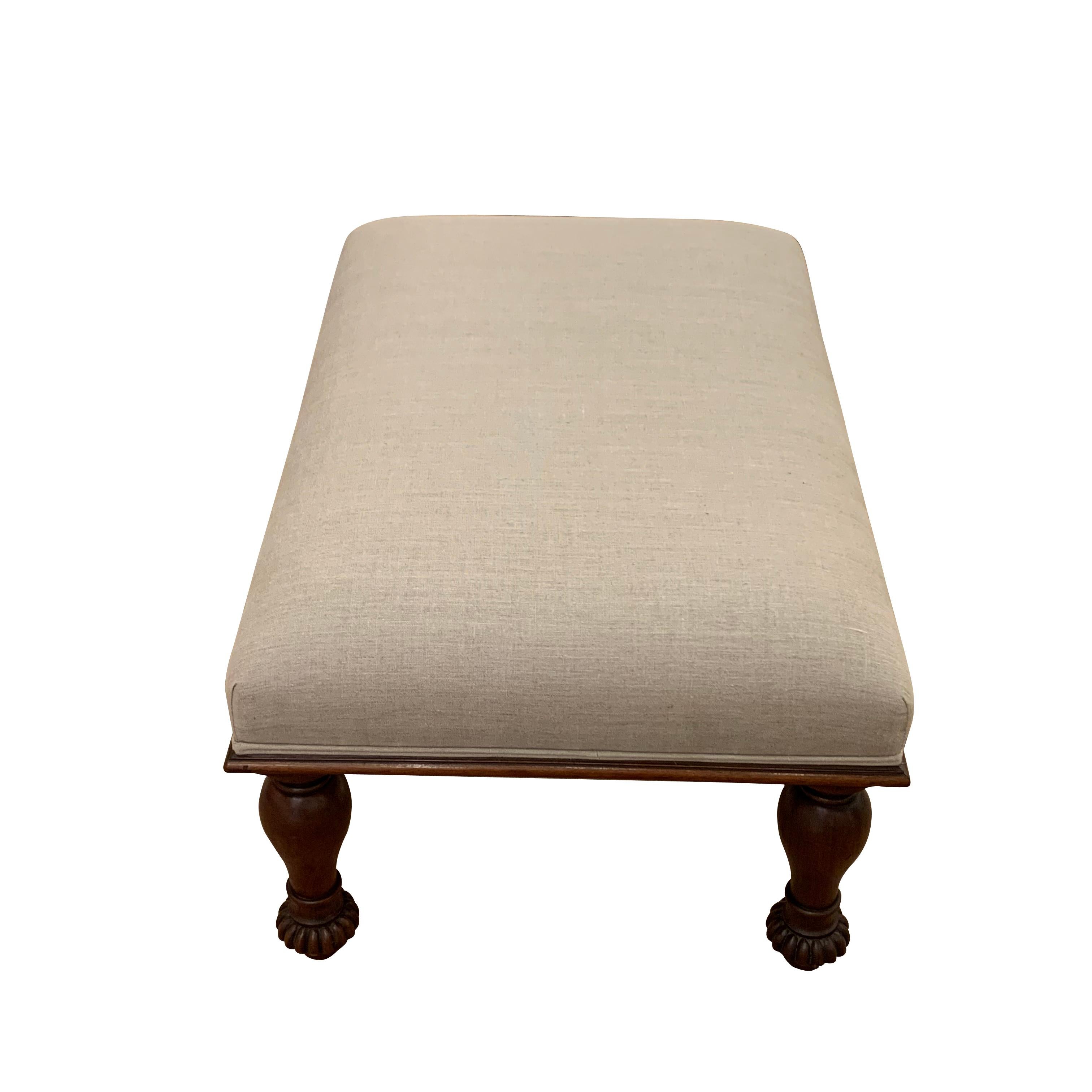 English recently reupholstered mahogany turned leg foot stool, circa 1860
