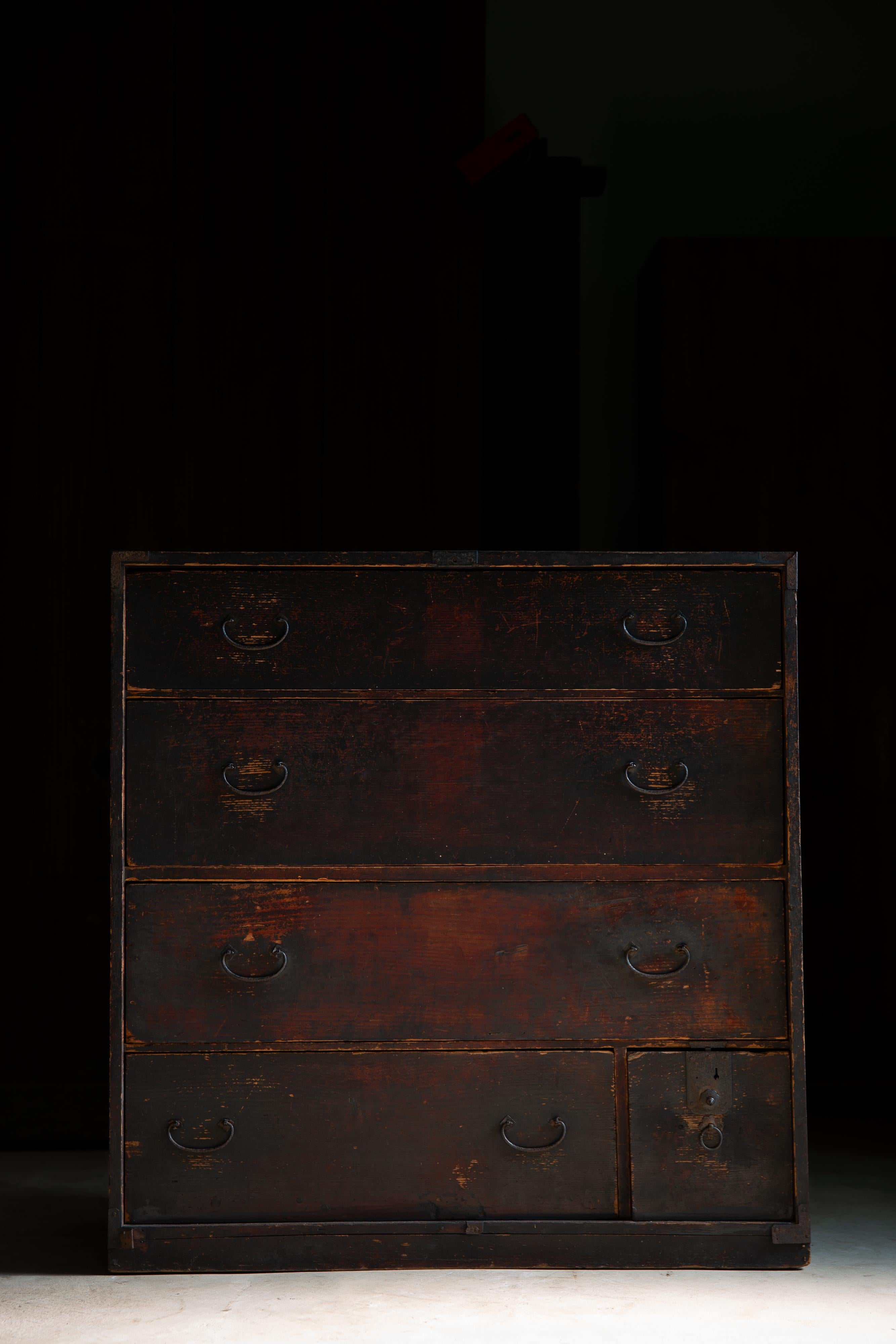 19th Century 1860s-80s Japanese antique mid size Urushi Tansu chest of drawers, wabi sabi For Sale