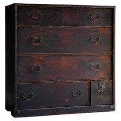 1860s-80s Japanese antique mid size Urushi Tansu chest of drawers, wabi sabi