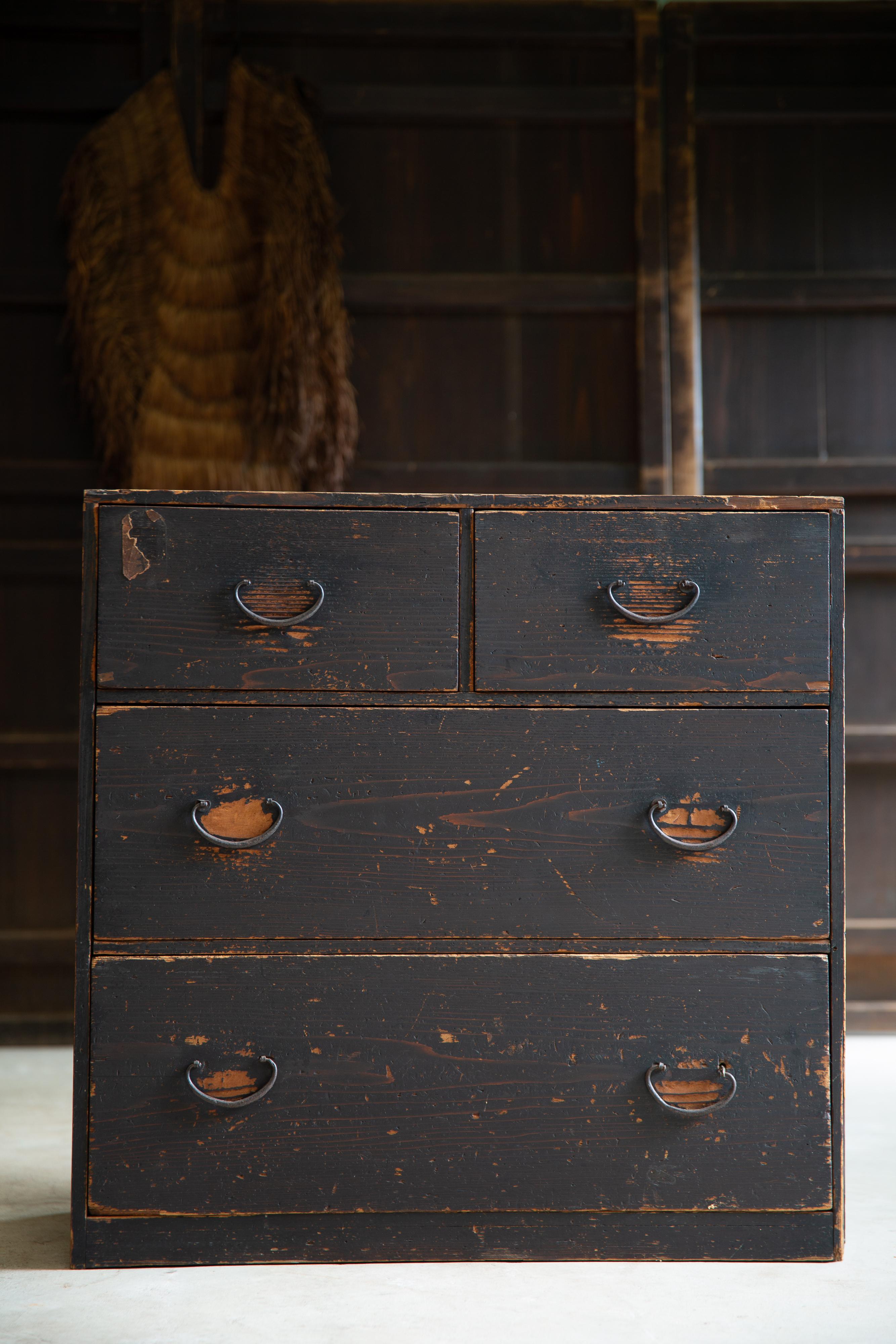 From Kanto or Tohoku area, Japan. 
This mid-size, black Urushi lacquered Tansu chest of drawers is a product of late Edo to early Meiji era (circa 1860s-1880s) , estimate from the style & conditions.

Dimensions
w 760mm (790mm including the side