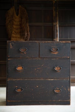 1860s-80s Japanese antique wabi sabi Black Urushi mid Tansu chest of drawers