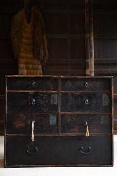 1860s-80s Japanese antique wabi sabi Black Urushi mid Tansu chest of drawers