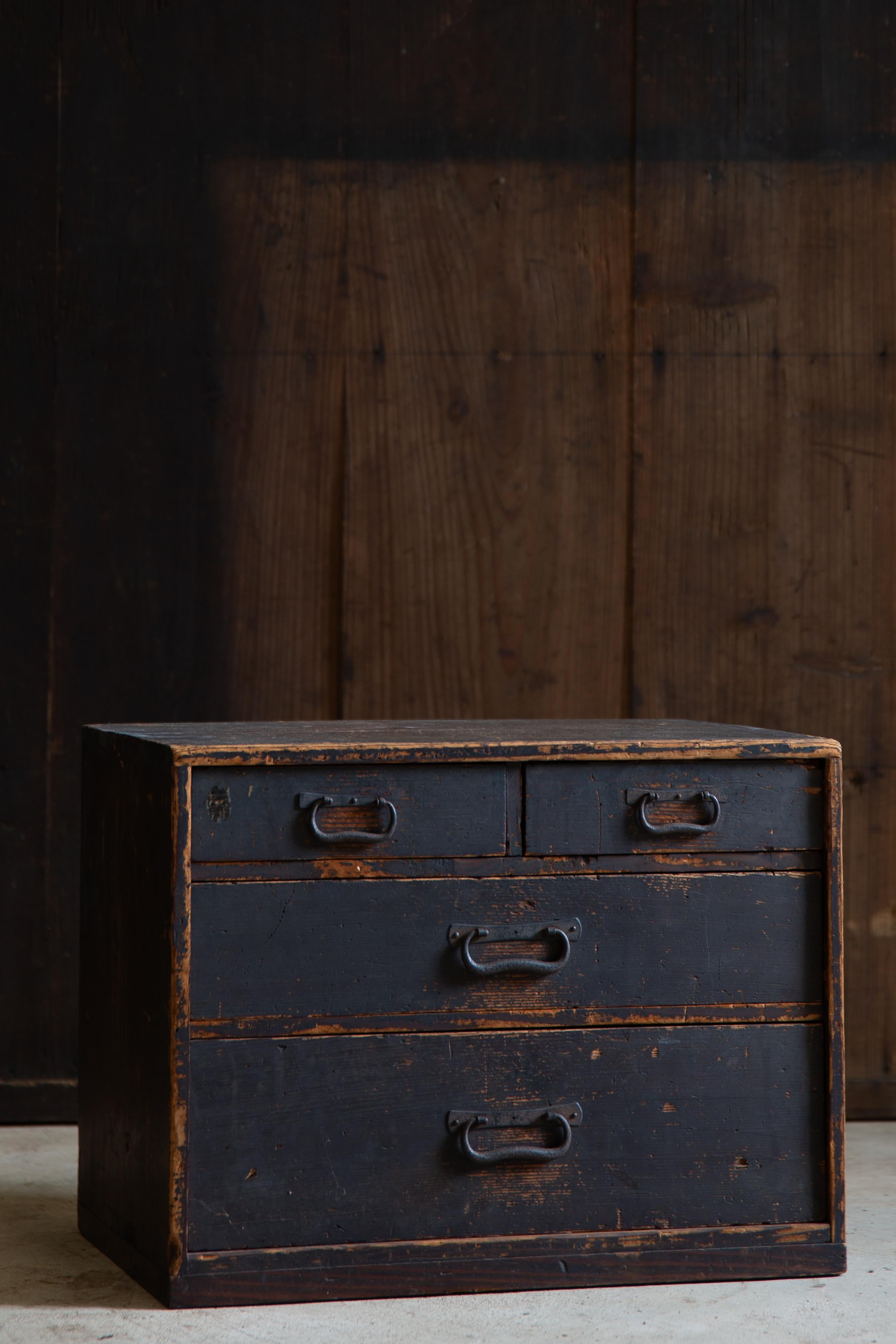 From Tohoku area, Japan. 
This mid-size, black Urushi lacquered Tansu chest of drawers is a product of late Edo to early Meiji era (circa 1860s-1880s) , estimate from the style & conditions.

Originally made with traditional wood joinery without
