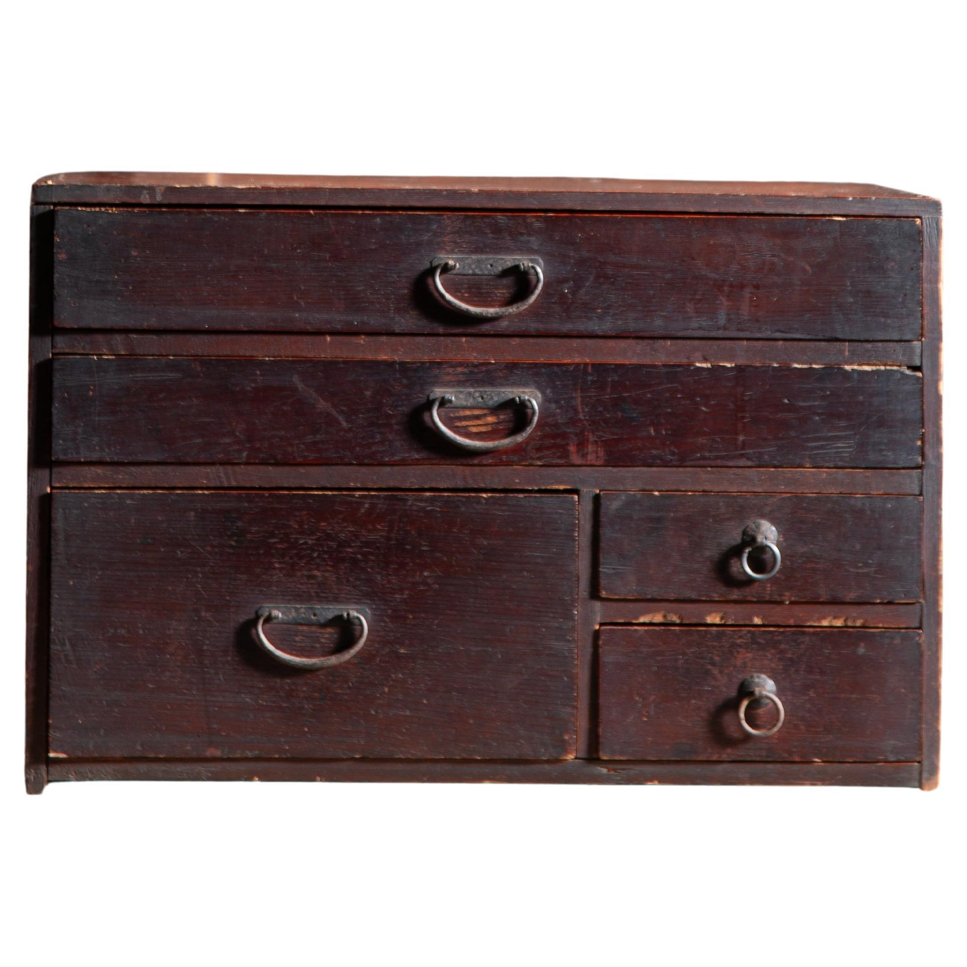 1860s-80s Japanese antique wabi sabi Urushi mid Tansu chest of drawers