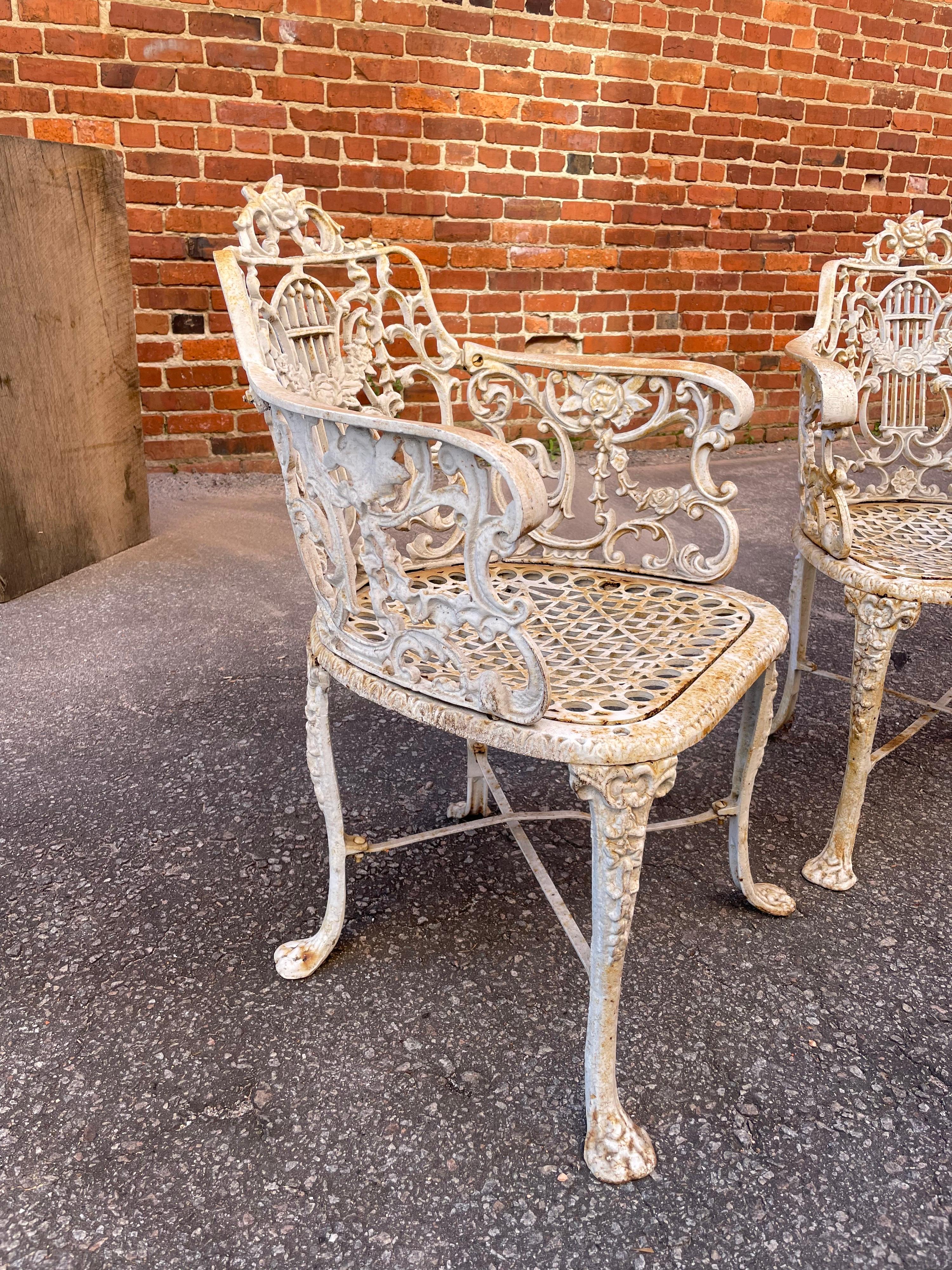 American 1860s Antique Neoclassical Robert Wood Cast Iron Chairs, a Pair For Sale