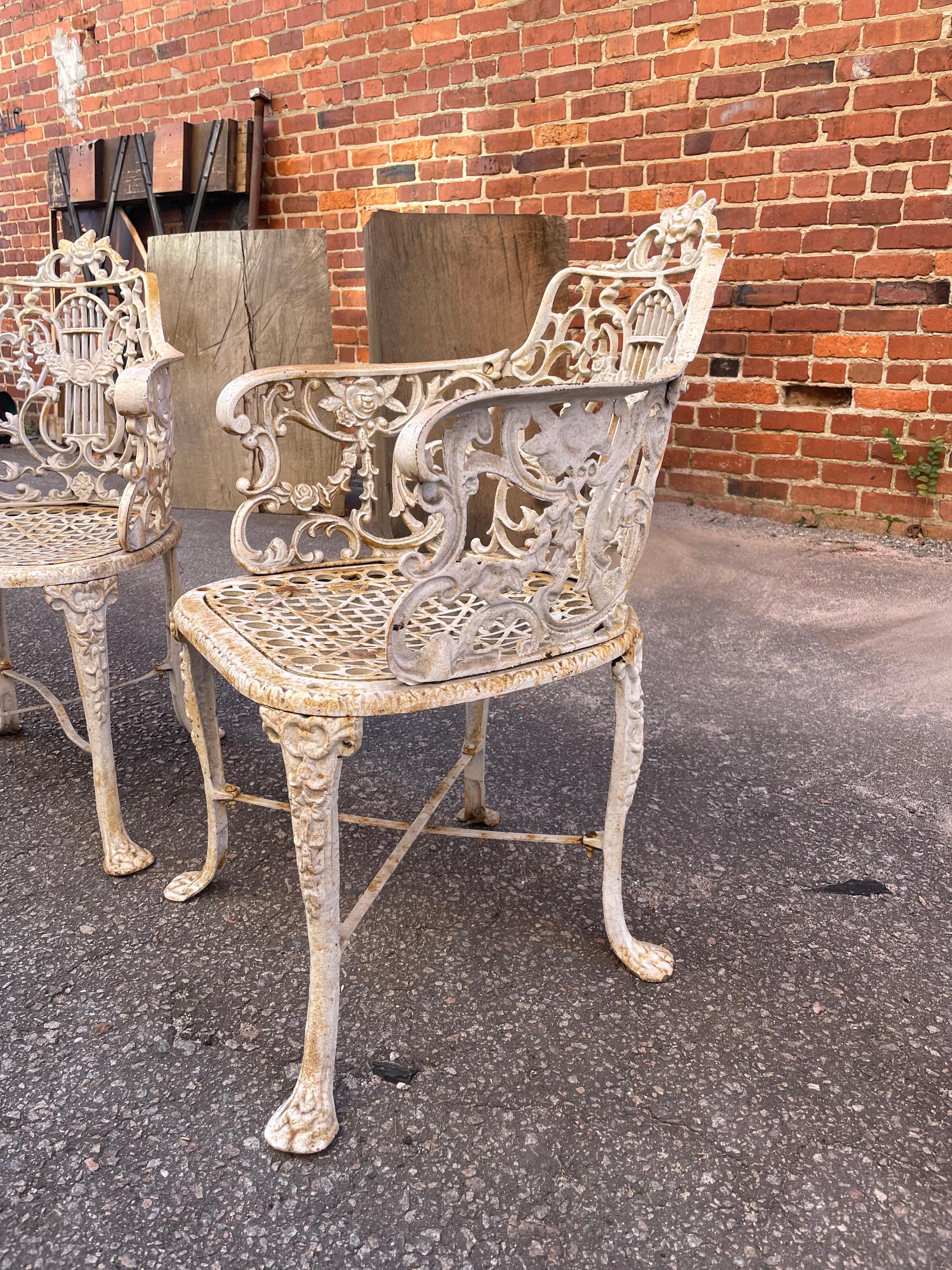 1860s Antique Neoclassical Robert Wood Cast Iron Chairs, a Pair In Good Condition For Sale In Elloree, SC