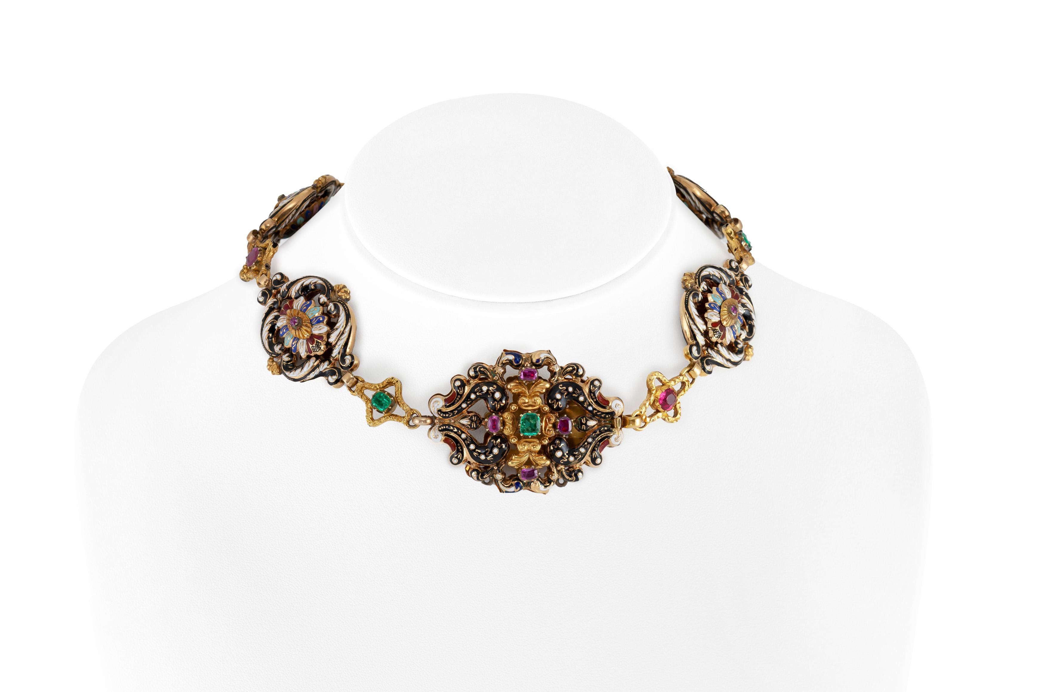 The necklace is finely crafted in 18k yellow gold with enamel and weighing approximately total of 44.1 DWT.

