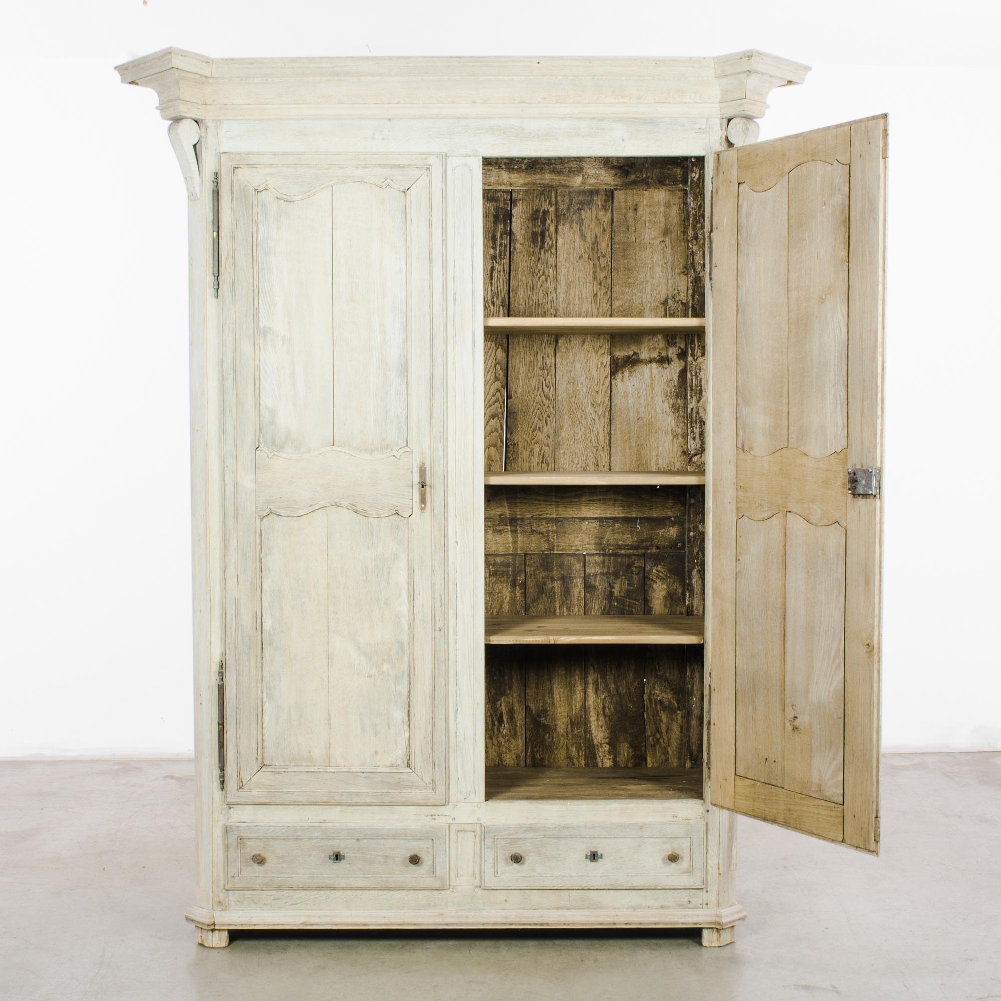 Hand-Carved 1860s Belgian Bleached Oak Armoire