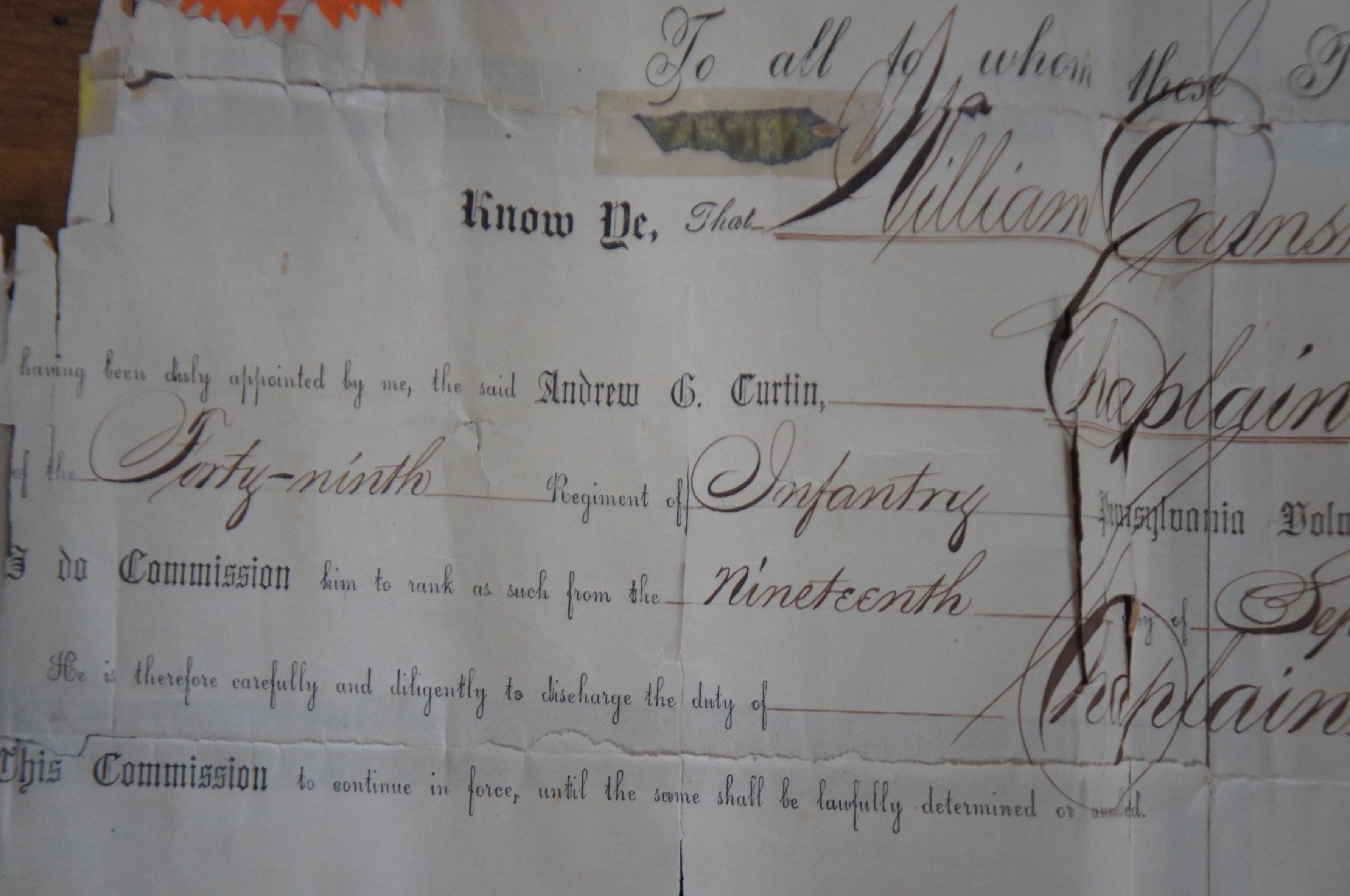 1860s Civil War Document Certificate Chaplain Earnshaw 49th Penn Infantry 15