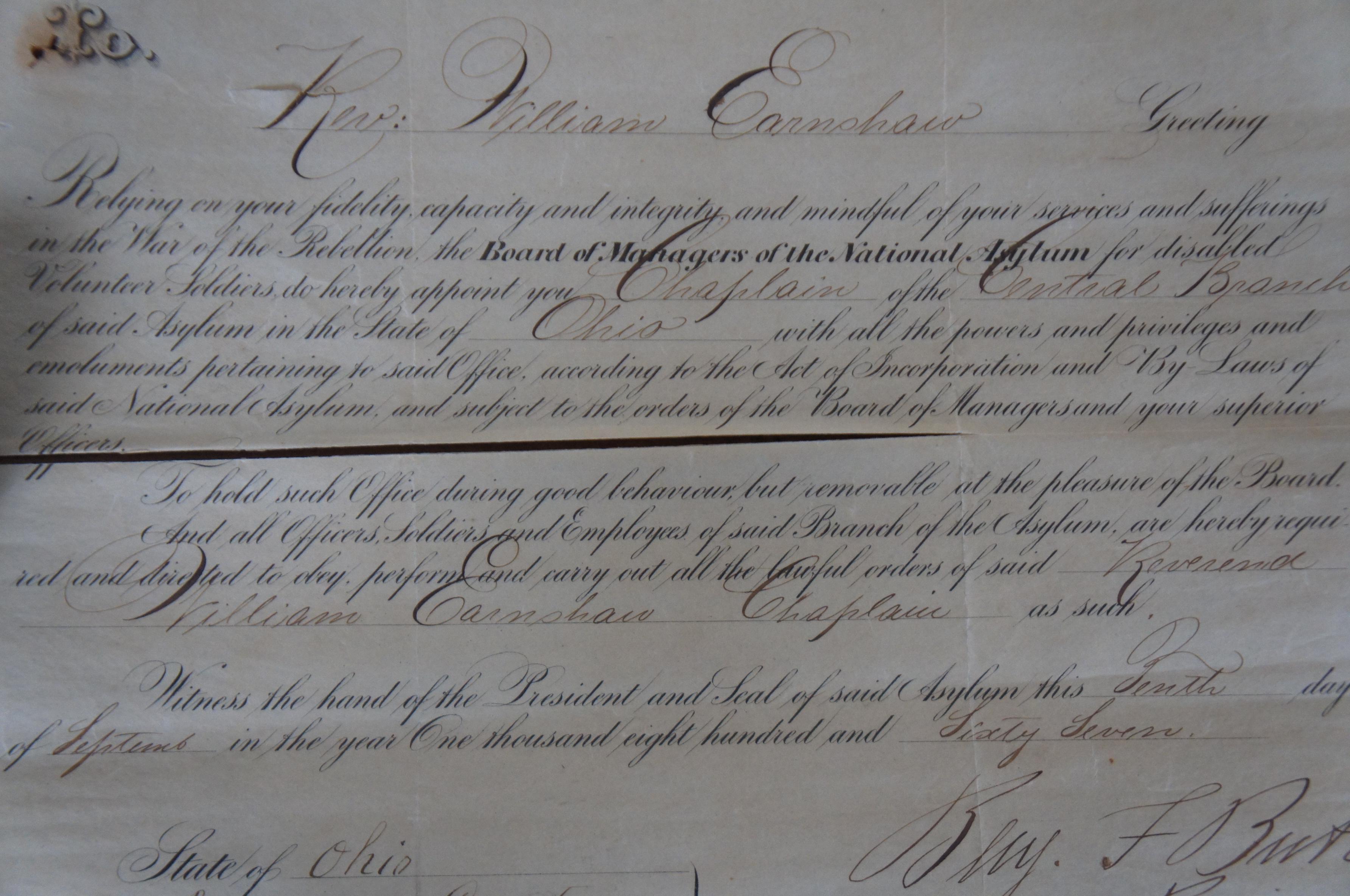 Paper 1860s Civil War Document Certificate Chaplain Earnshaw 49th Penn Infantry 15