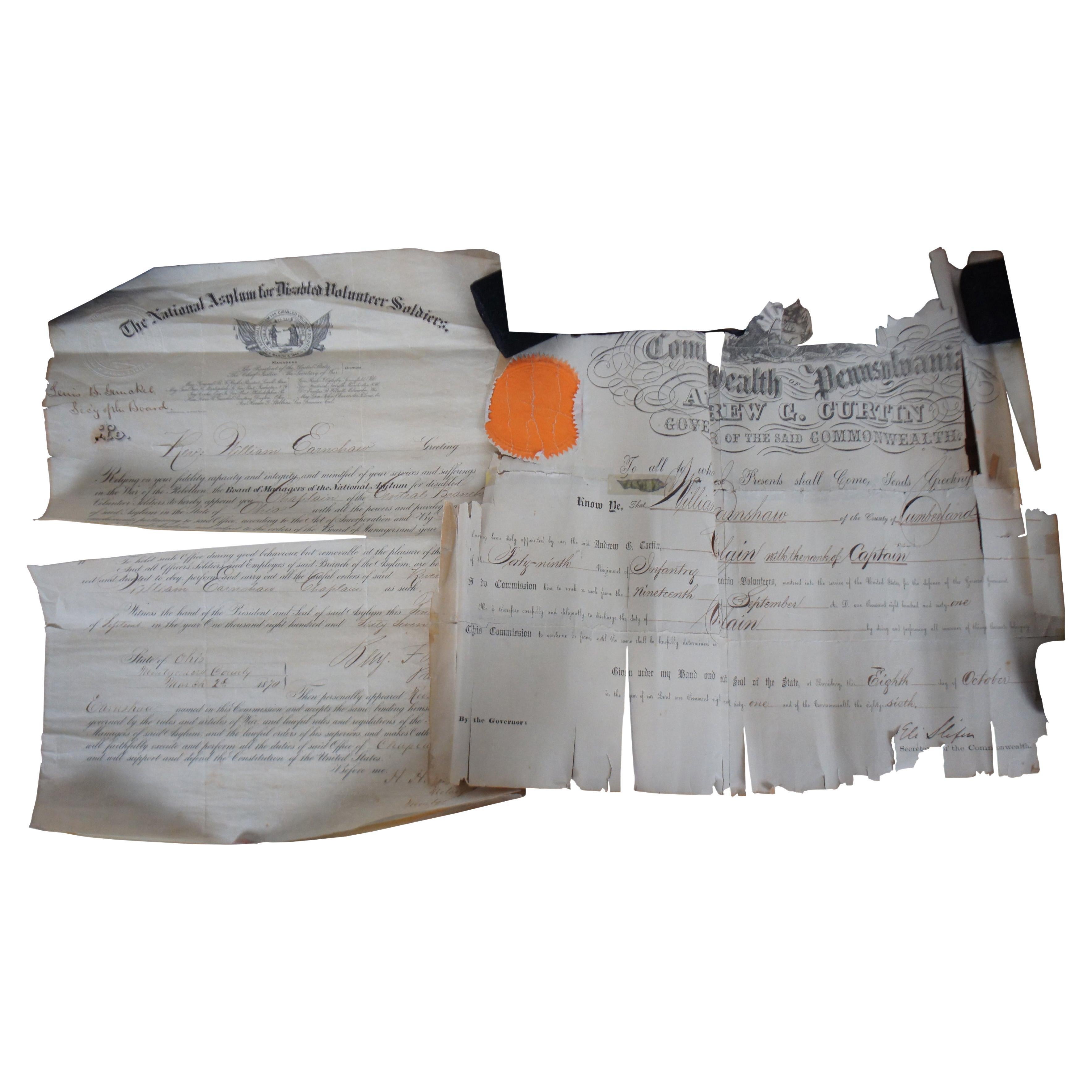 1860s Civil War Document Certificate Chaplain Earnshaw 49th Penn Infantry 15"