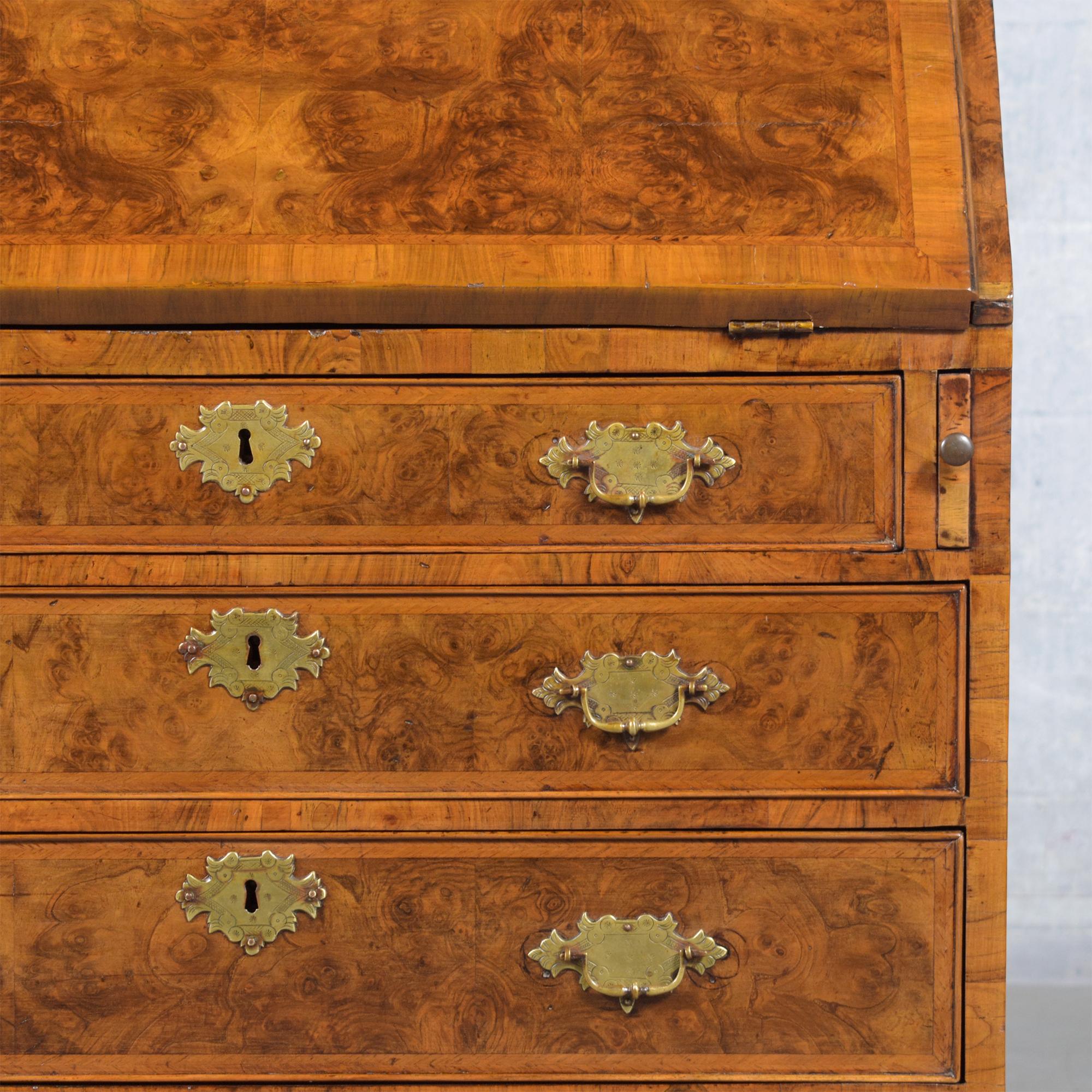 Brass 1860s English George III Drop Front Desk with Original Walnut Finish