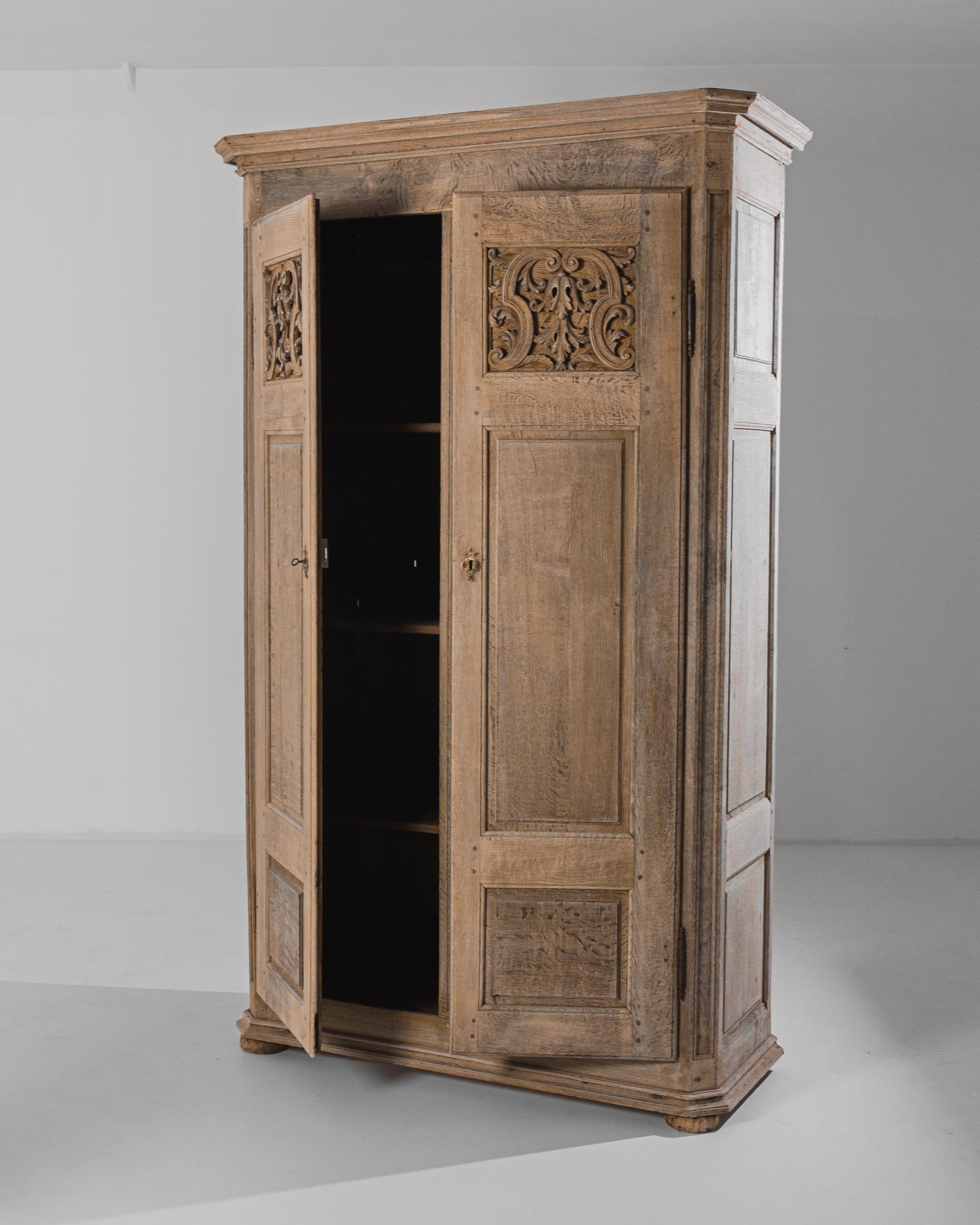 Hand-Carved 1860s French Bleached Oak Armoire