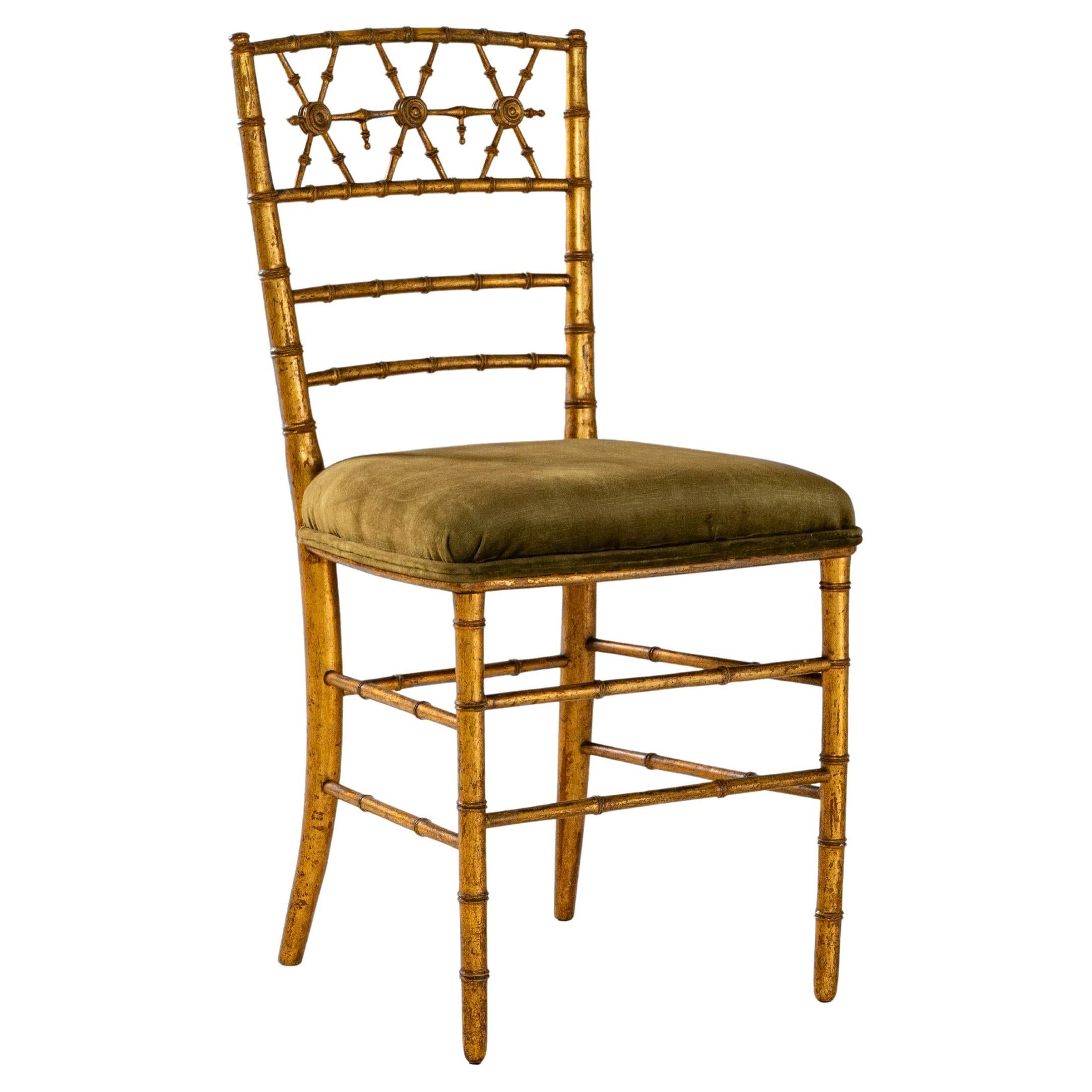 1860s French Gilt Faux Bamboo Chiavari Chair With Velvet Upholstered Seat