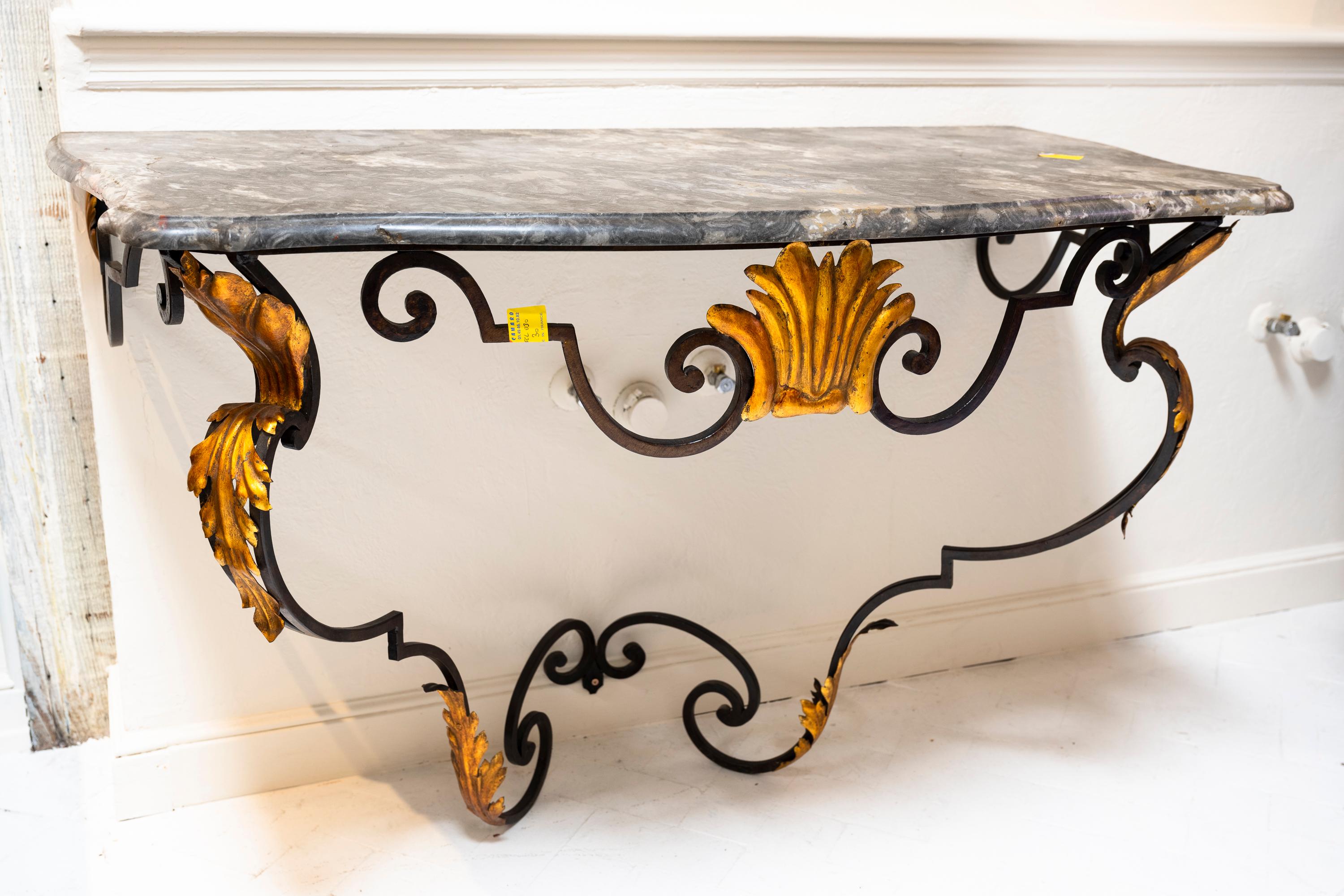 Empire Revival 1860s French Iron Gold Leaf & Gray Marble Console For Sale