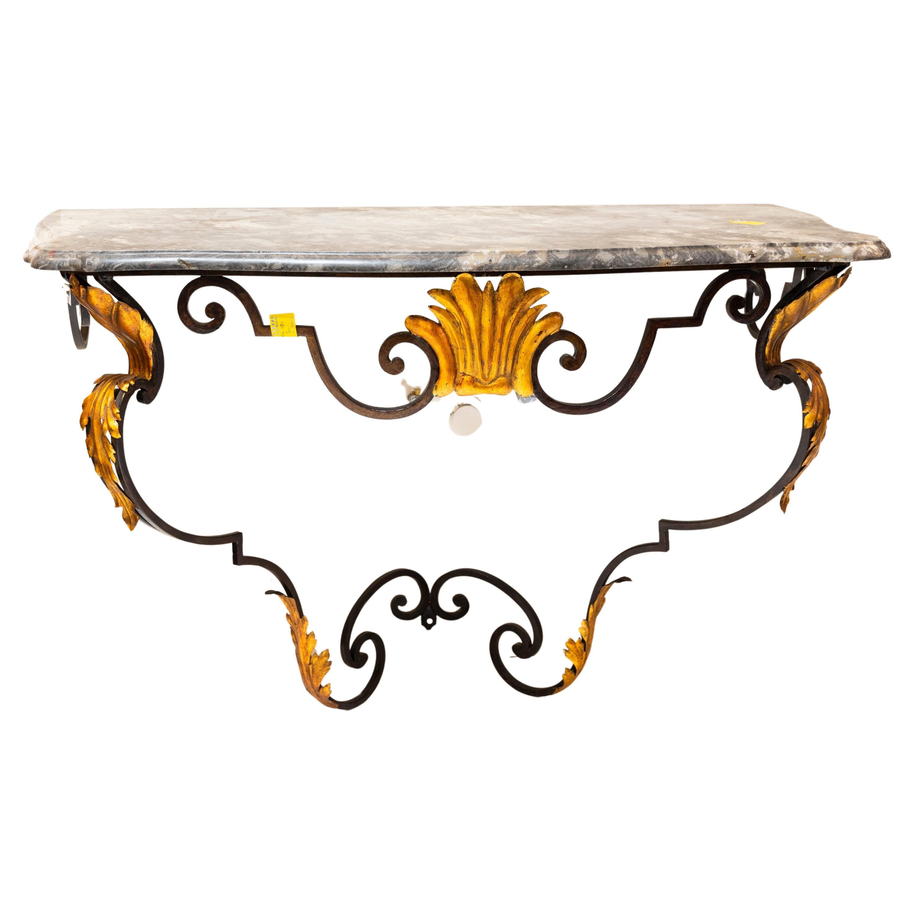 1860s French Iron Gold Leaf & Gray Marble Console