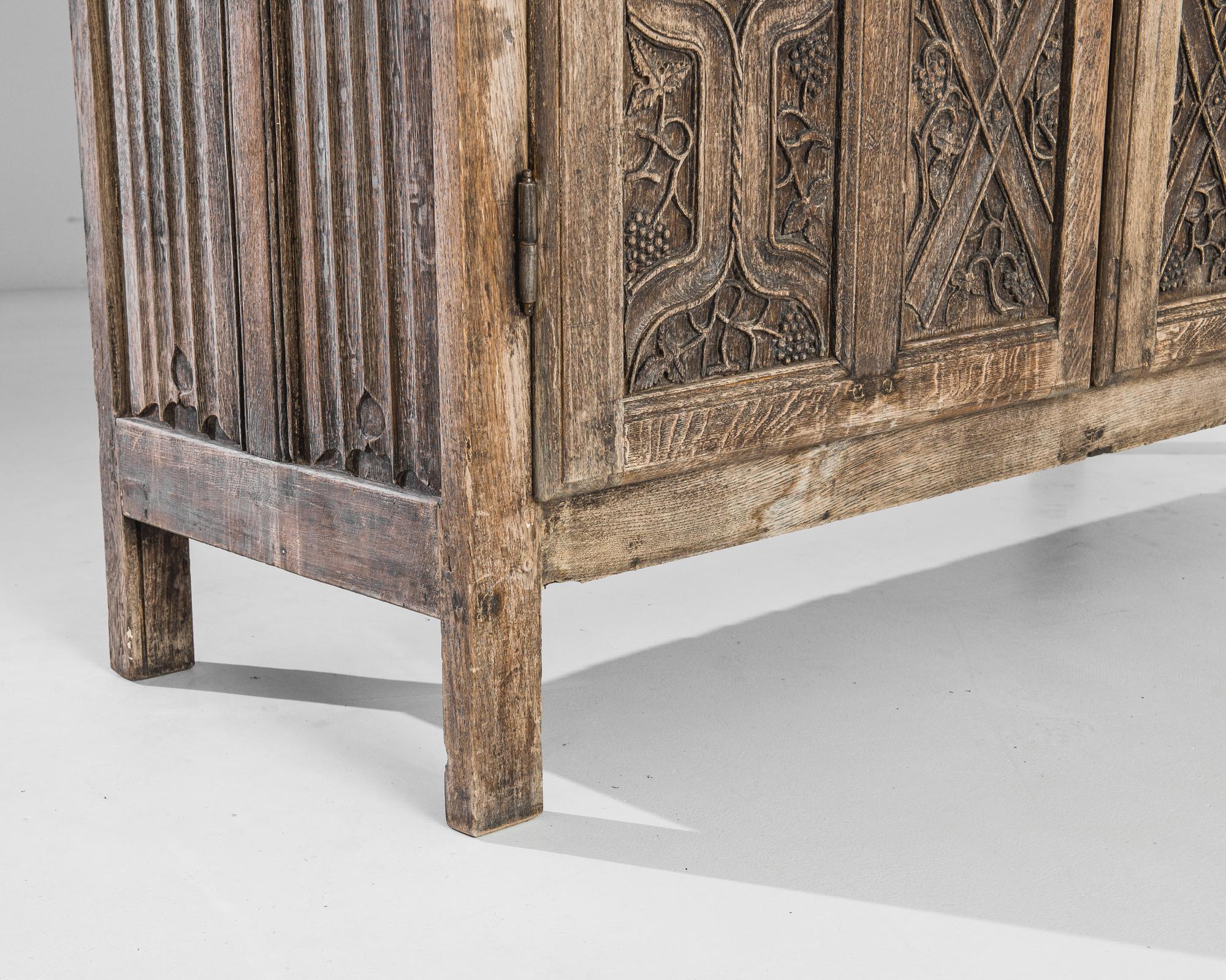Bleached 1860s French Oak Cabinet with Carved Vine Panels