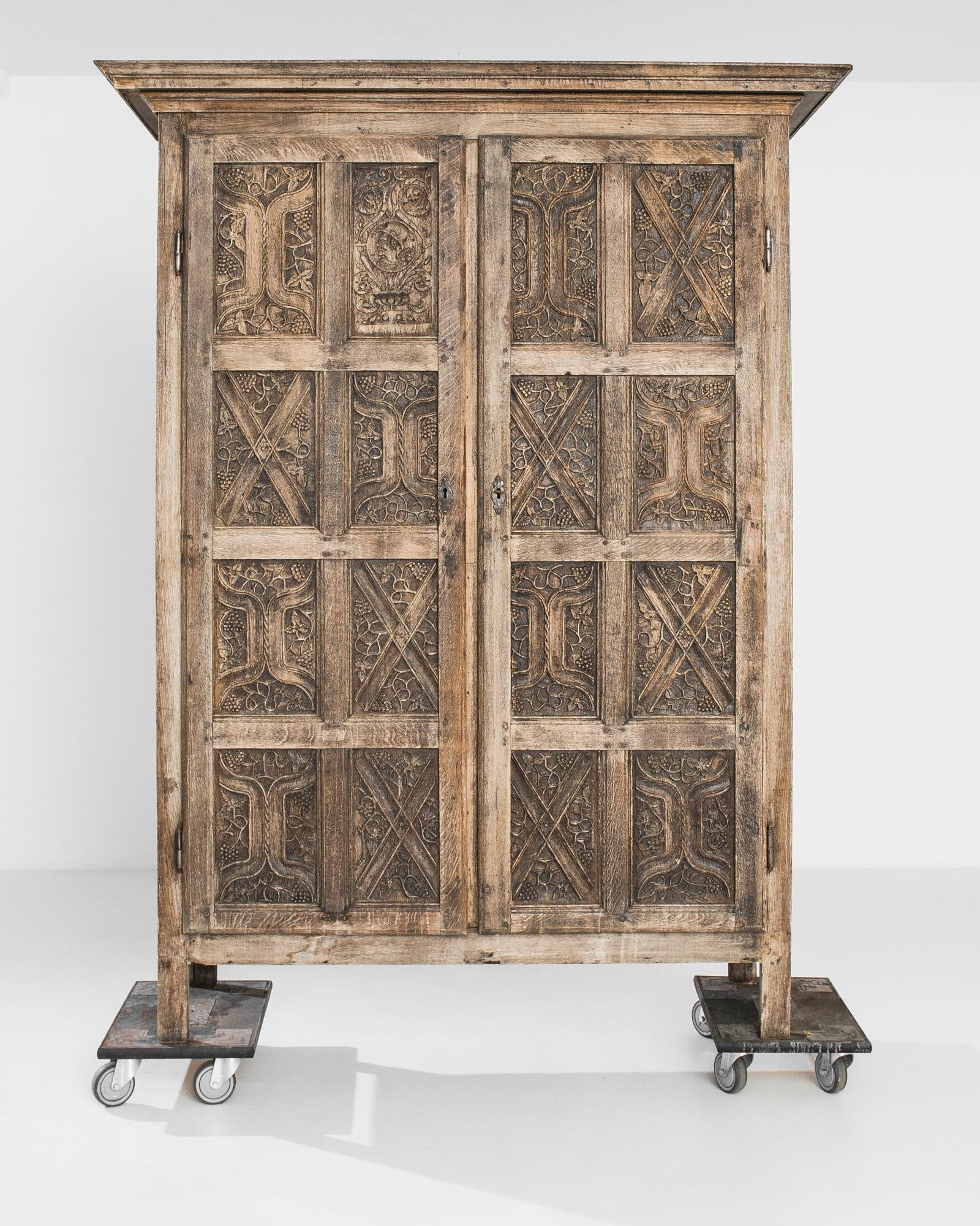 19th Century 1860s French Oak Cabinet with Carved Vine Panels