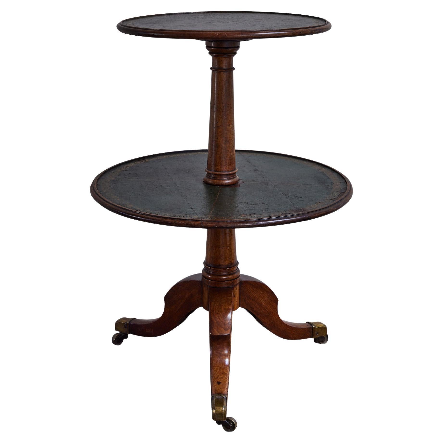 Mesa redonda francesa de dos pisos de 1860 con tablero de cuero en venta