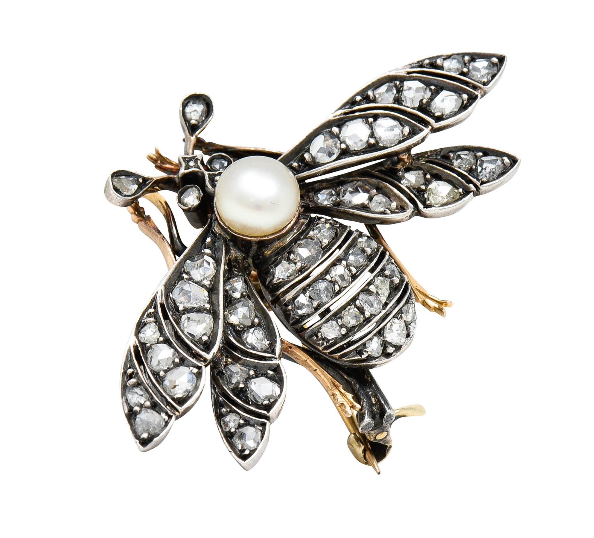 Épingle en argent et or 18 carats avec perle de style victorien française et diamants de 1,00 carat, années 1860 5