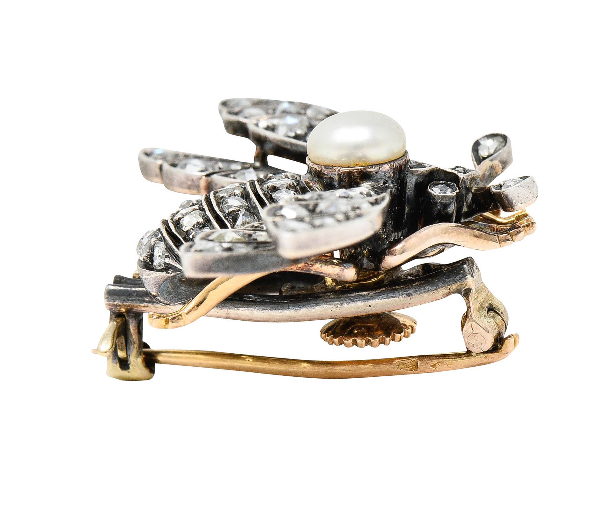 Épingle en argent et or 18 carats avec perle de style victorien française et diamants de 1,00 carat, années 1860 1