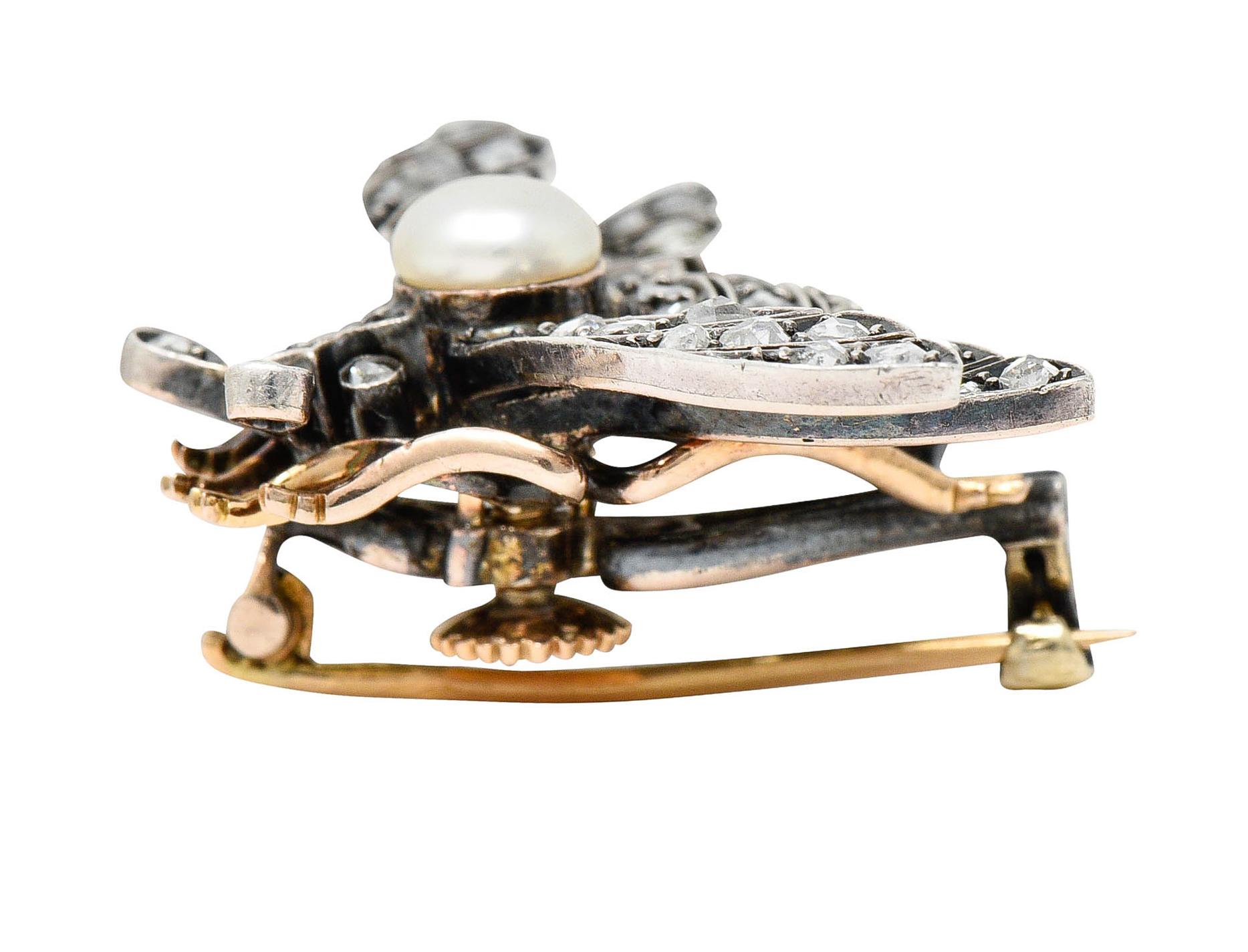 Épingle en argent et or 18 carats avec perle de style victorien française et diamants de 1,00 carat, années 1860 3