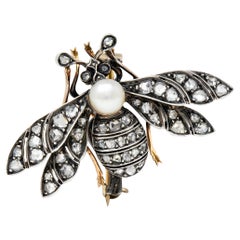 Épingle en argent et or 18 carats avec perle de style victorien française et diamants de 1,00 carat, années 1860