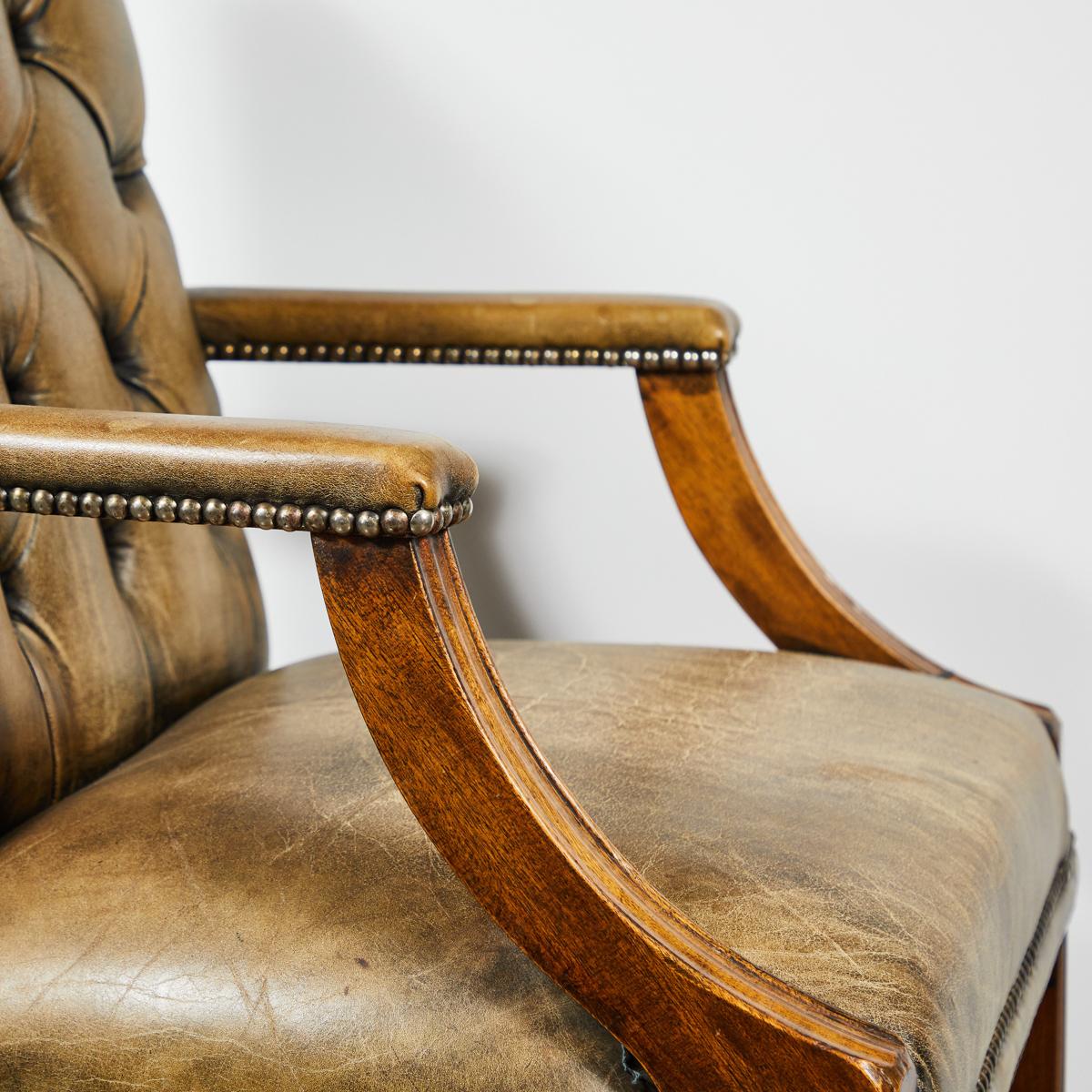 Victorian 1860s Gainsborough Light Brown Original Leather Upholstered Tufted Armchair