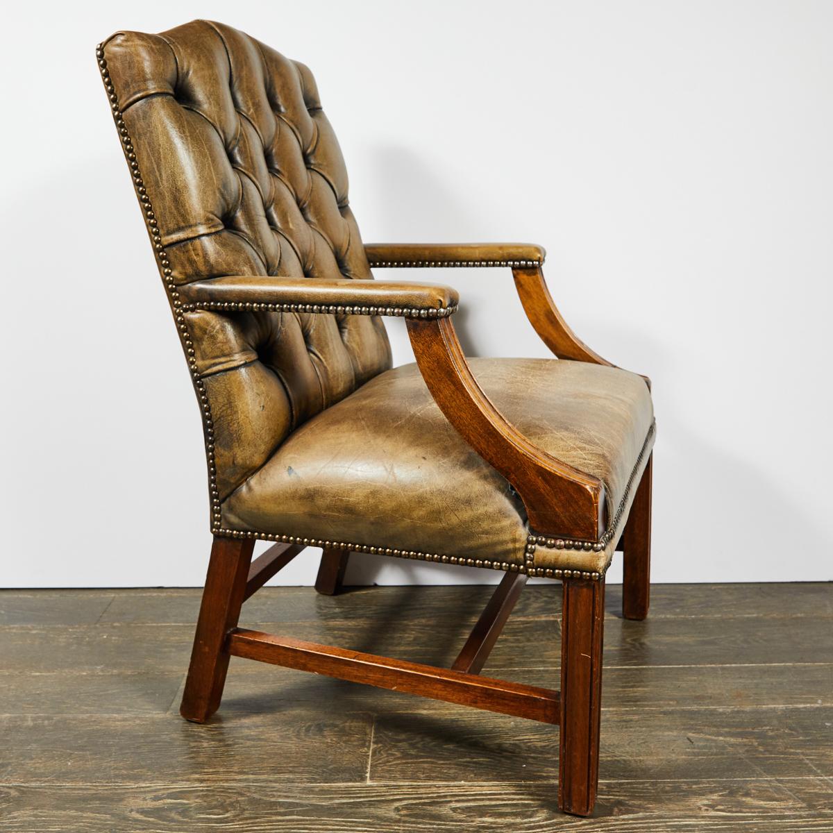 Mid-19th Century 1860s Gainsborough Light Brown Original Leather Upholstered Tufted Armchair