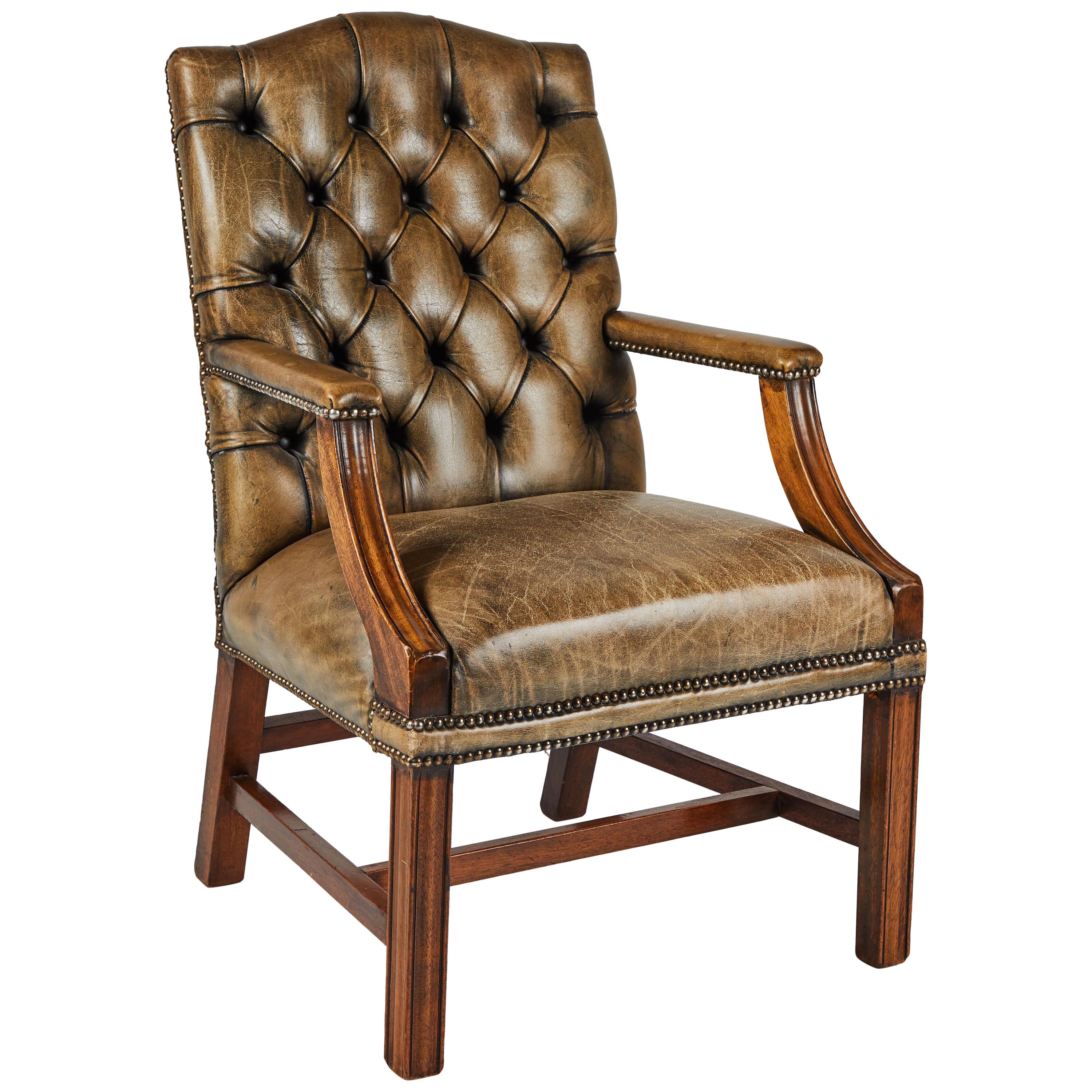 1860s Gainsborough Light Brown Original Leather Upholstered Tufted Armchair