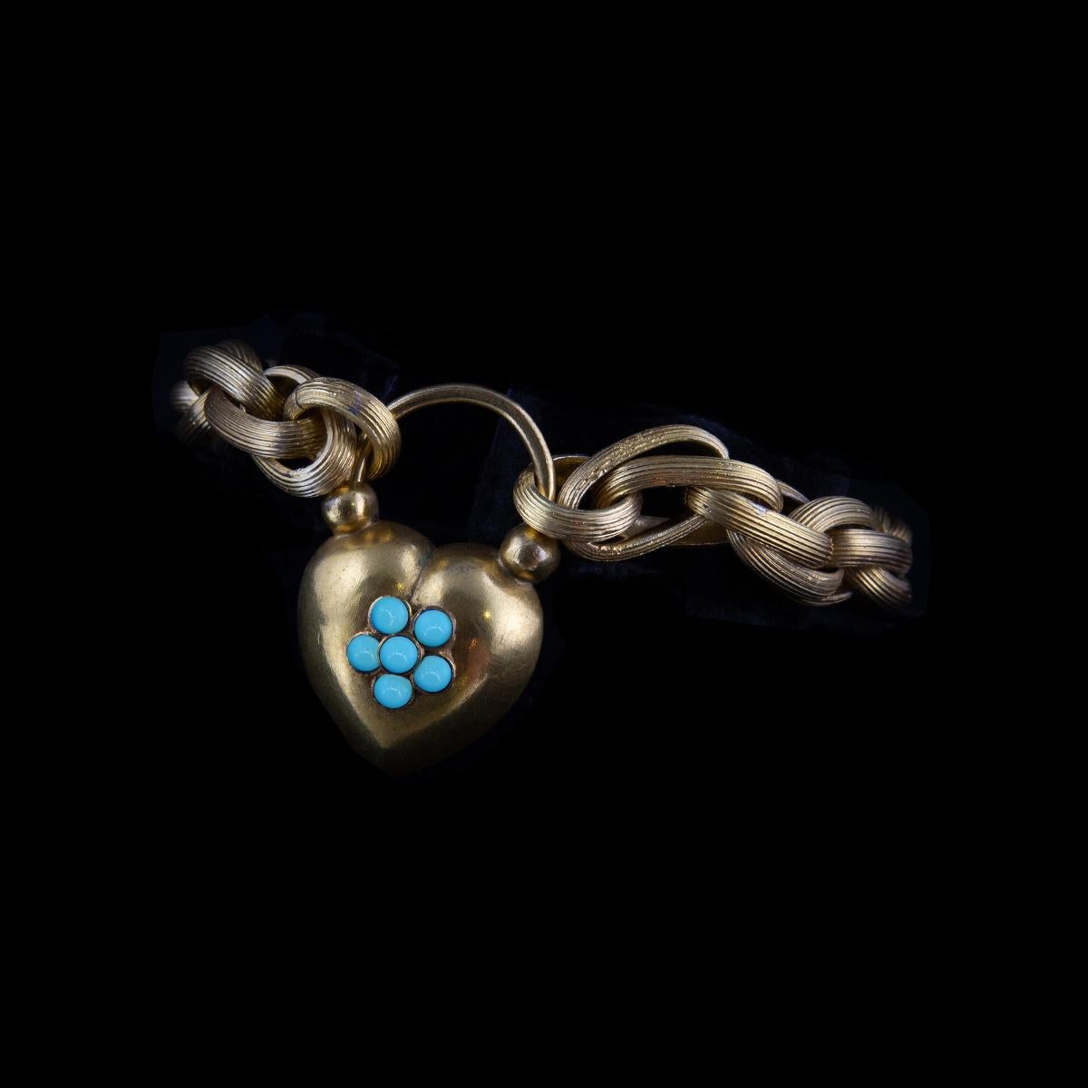 Bead 1860s Gilded Pinchbeck Bracelet with Heart Shaped Clasp with Turquoises For Sale