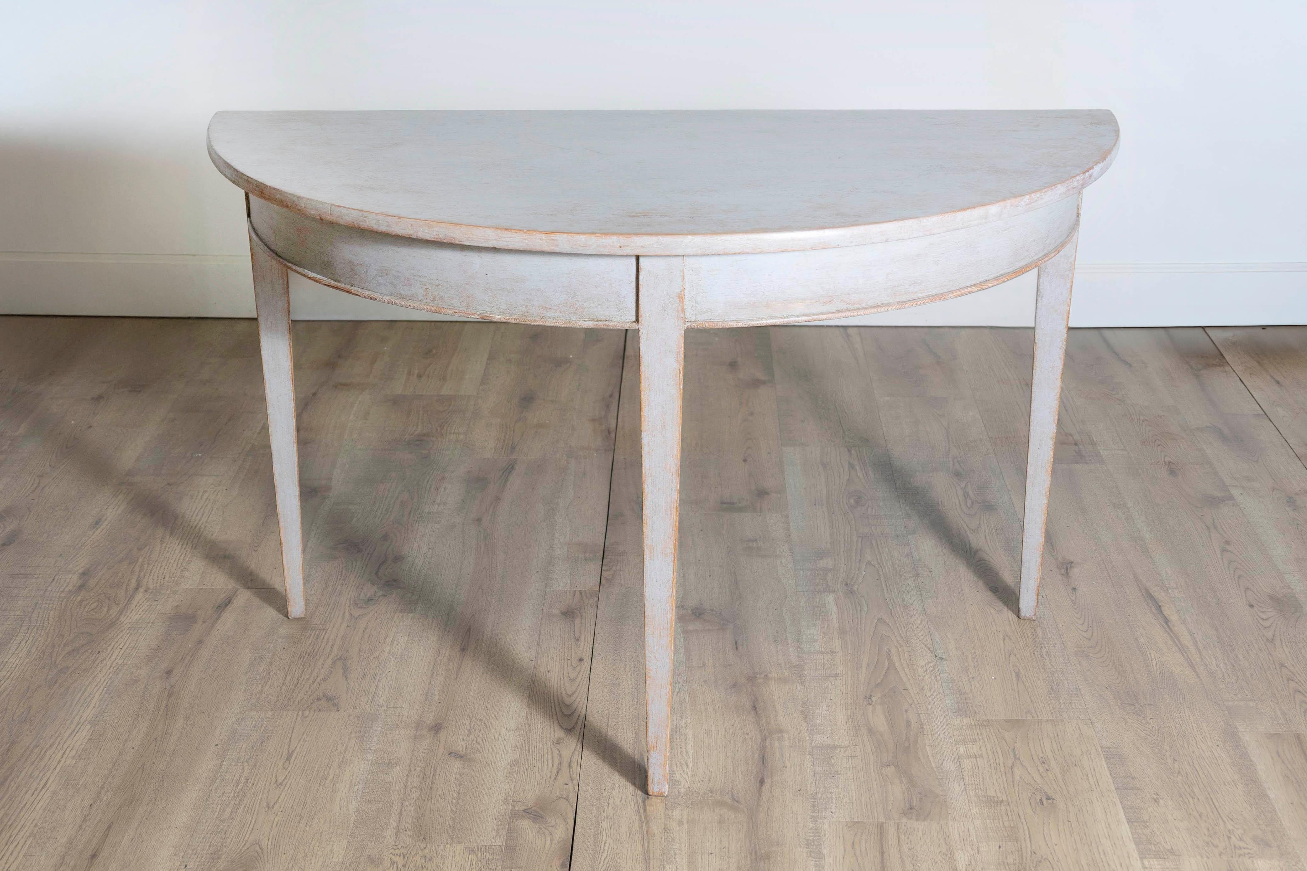 19th Century 1860s Gustavian Style Swedish Painted Demi-Lune Tables with Tapered Legs For Sale