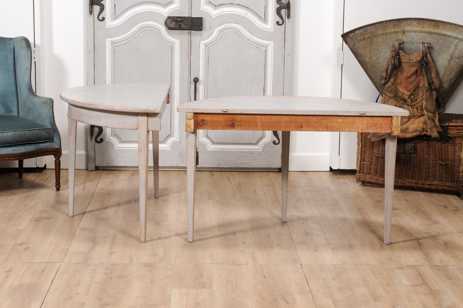 1860s Gustavian Style Swedish Painted Demi-Lune Tables with Tapered Legs For Sale 4
