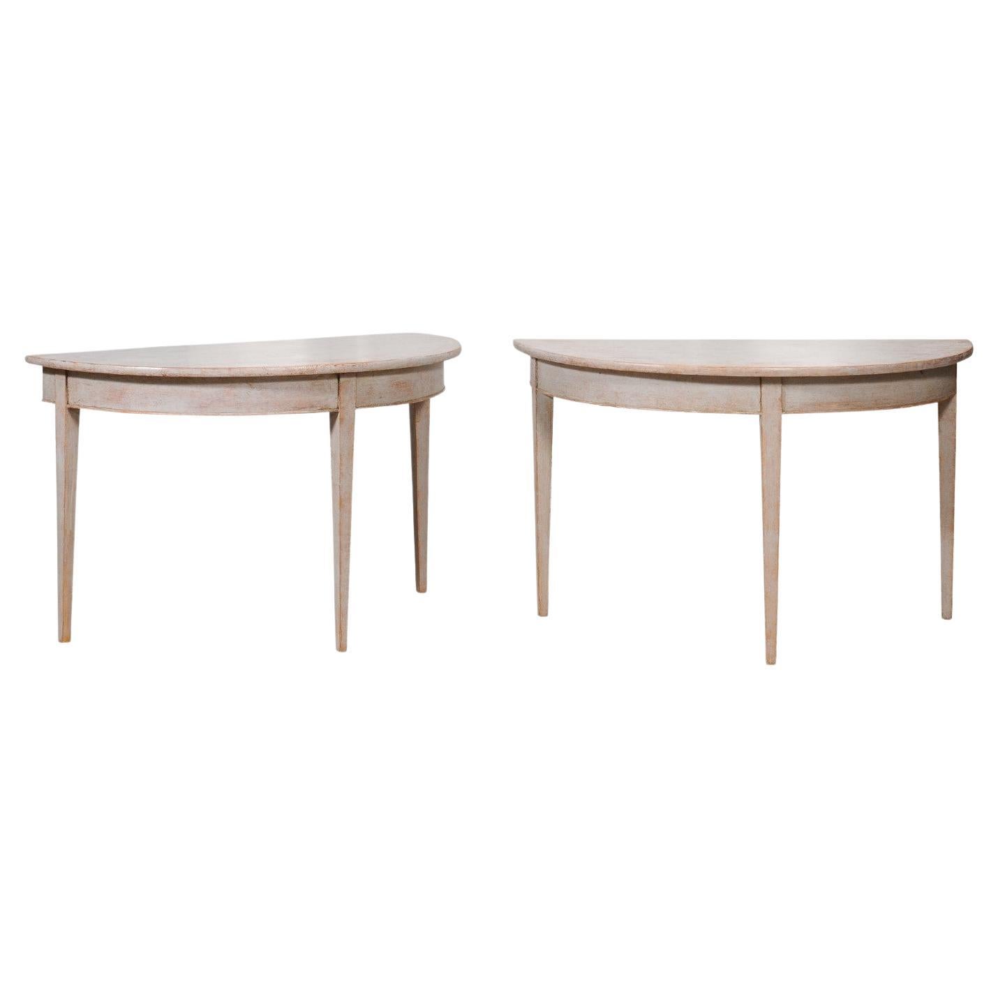 1860s Gustavian Style Swedish Painted Demi-Lune Tables with Tapered Legs