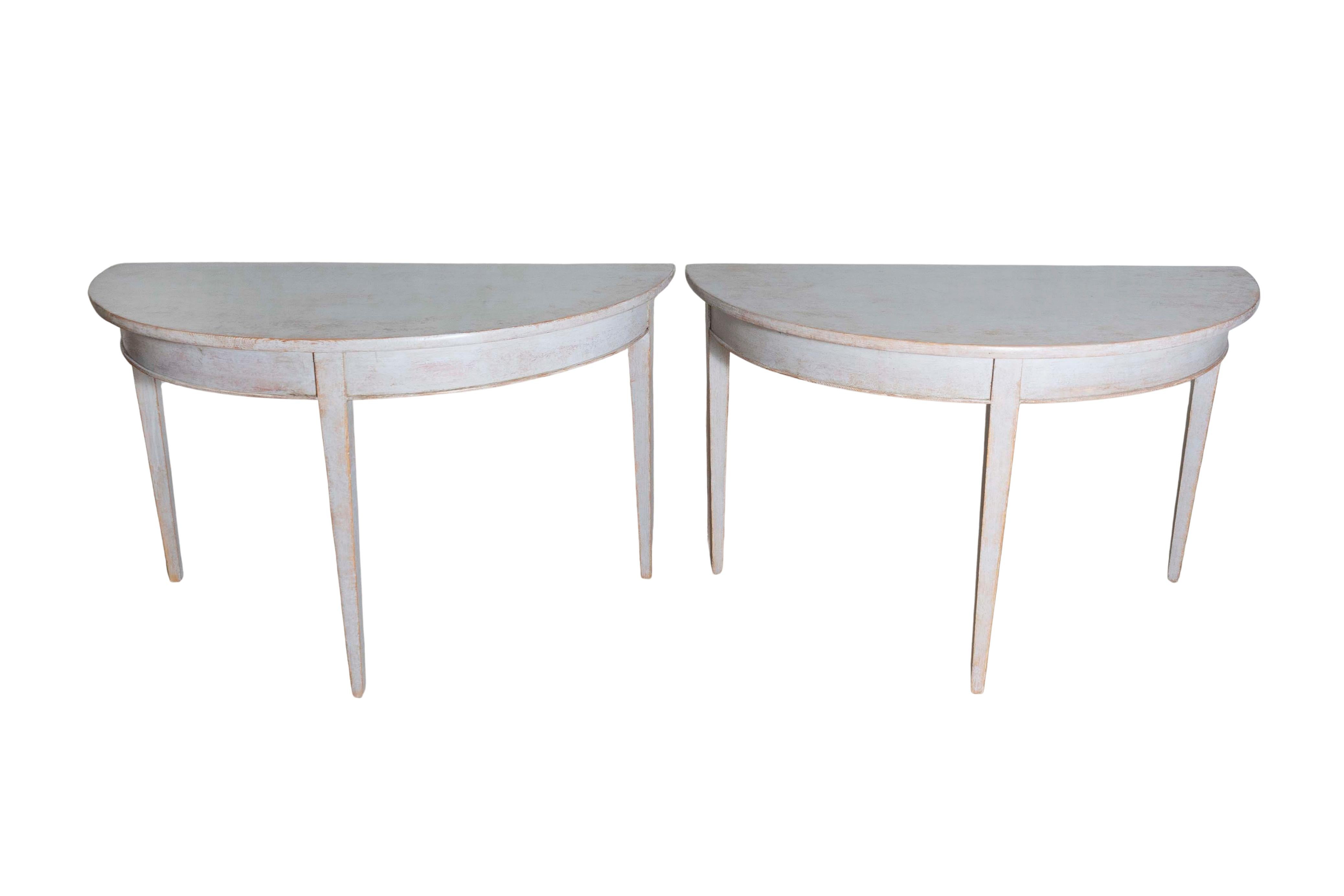 1860s Gustavian Style Swedish Painted Demi-Lune Tables with Tapered Legs For Sale