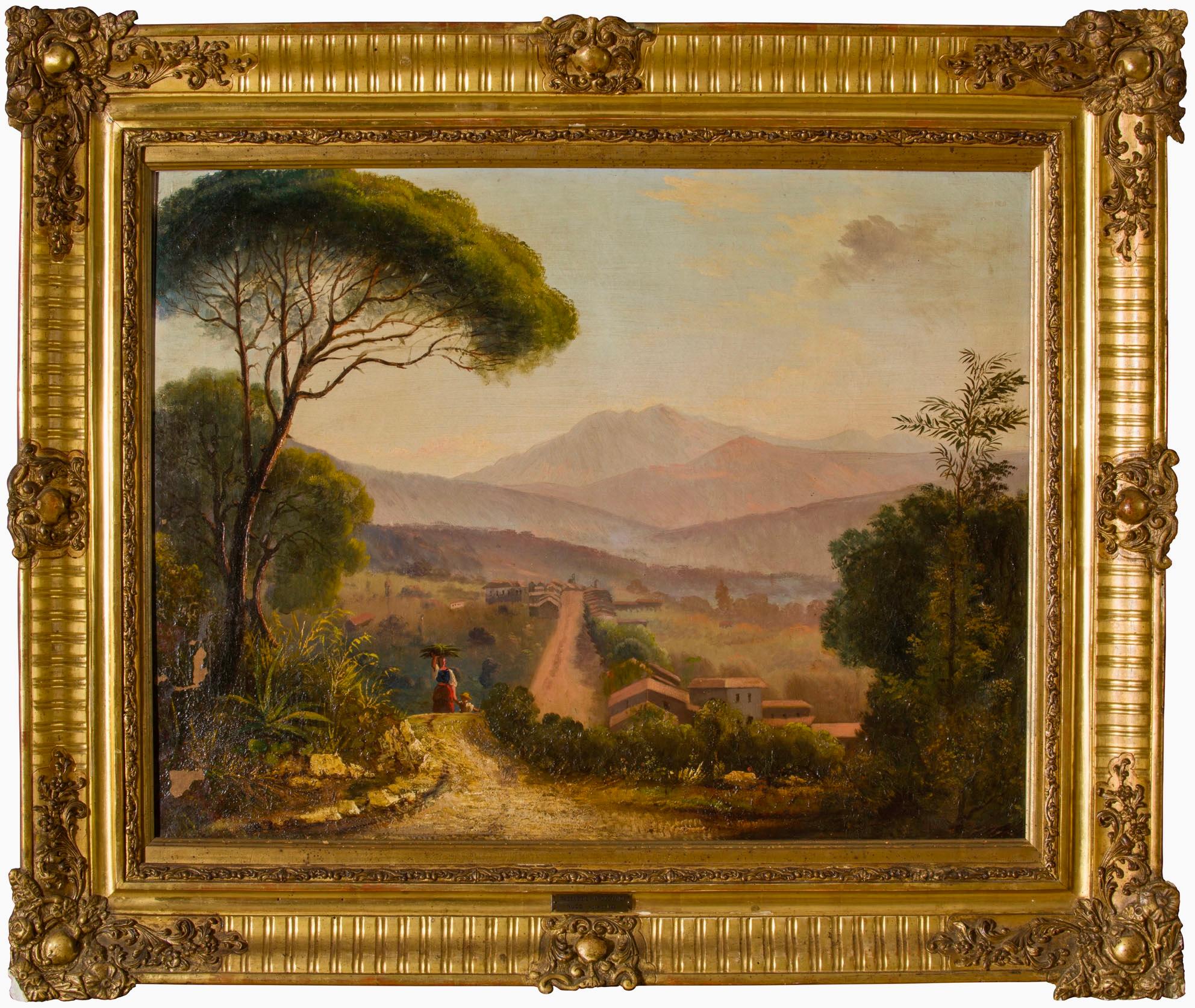  Beautiful, important painting of the Neapolitan school signed, dated and located. It has a metal plate on the front with the inscription ‘PAESAGGIO NAPOLETANO NUCCI Agosto 1893’. 
Indeed, this painting of rare beauty and intensity represents the