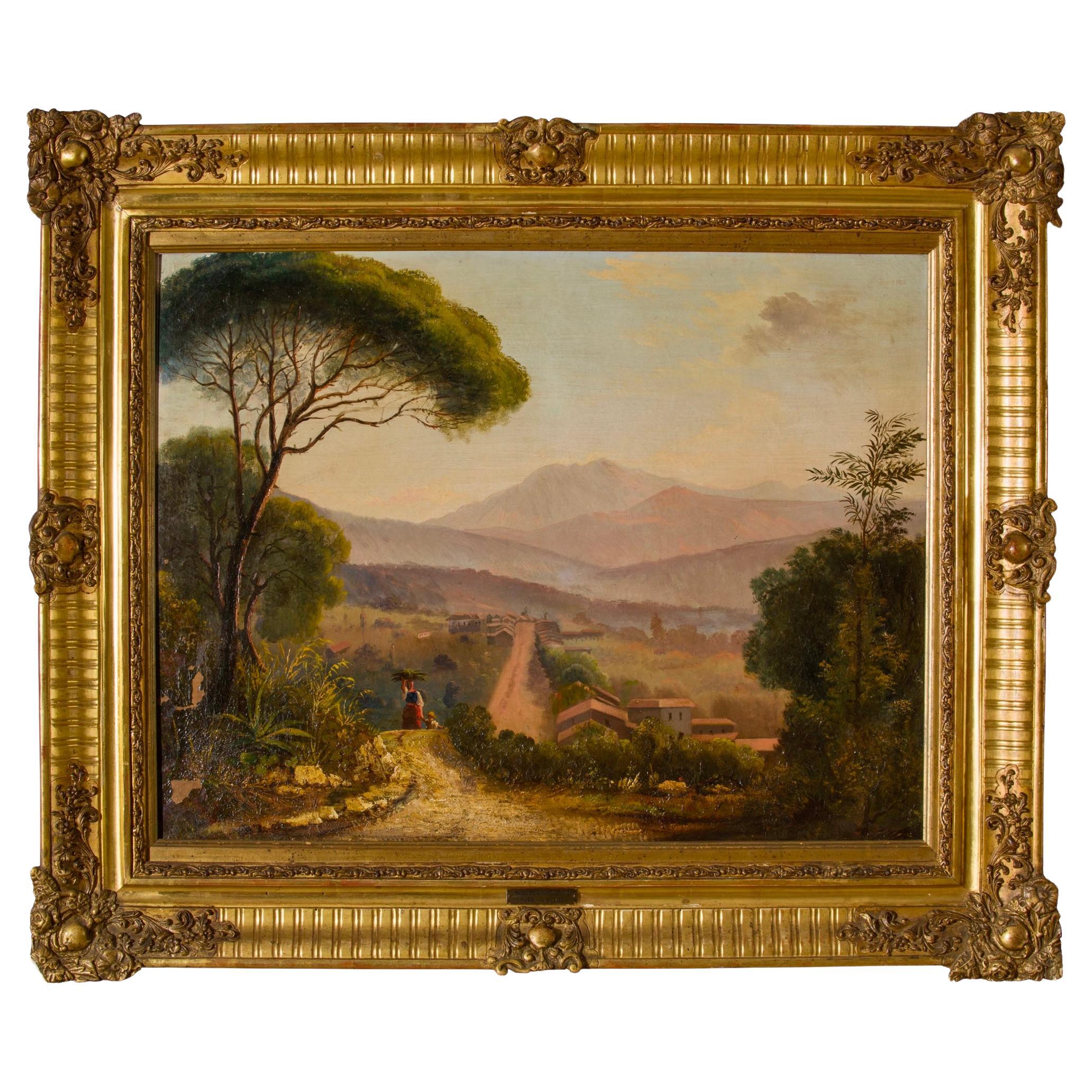 1860s Italian Signed Neapolitan Landscape Painting For Sale