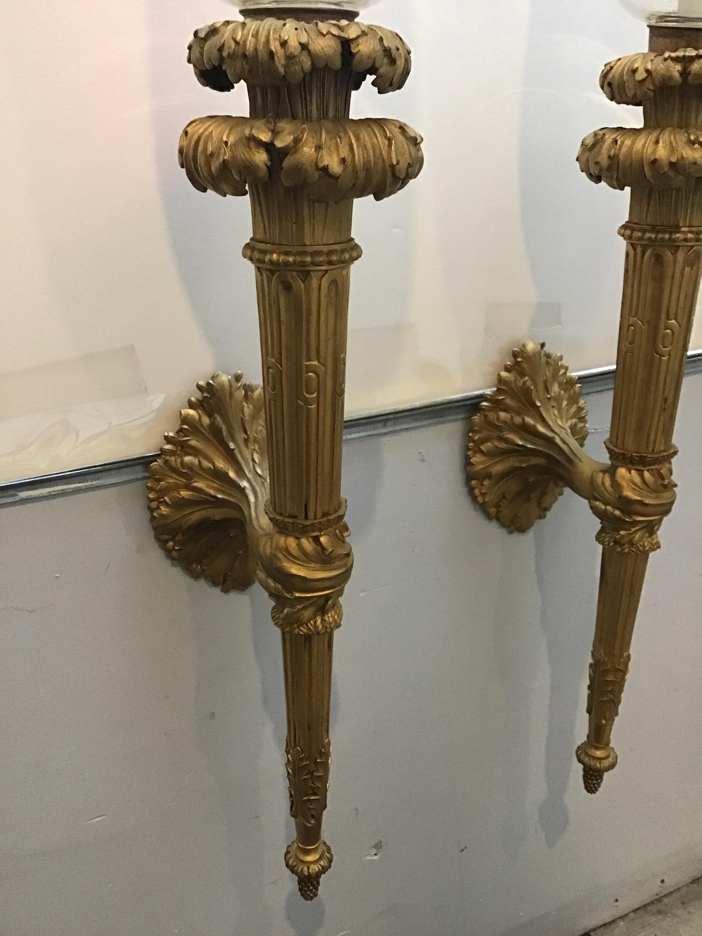 1860s Large French Gilt Bronze Torch Sconces For Sale 5