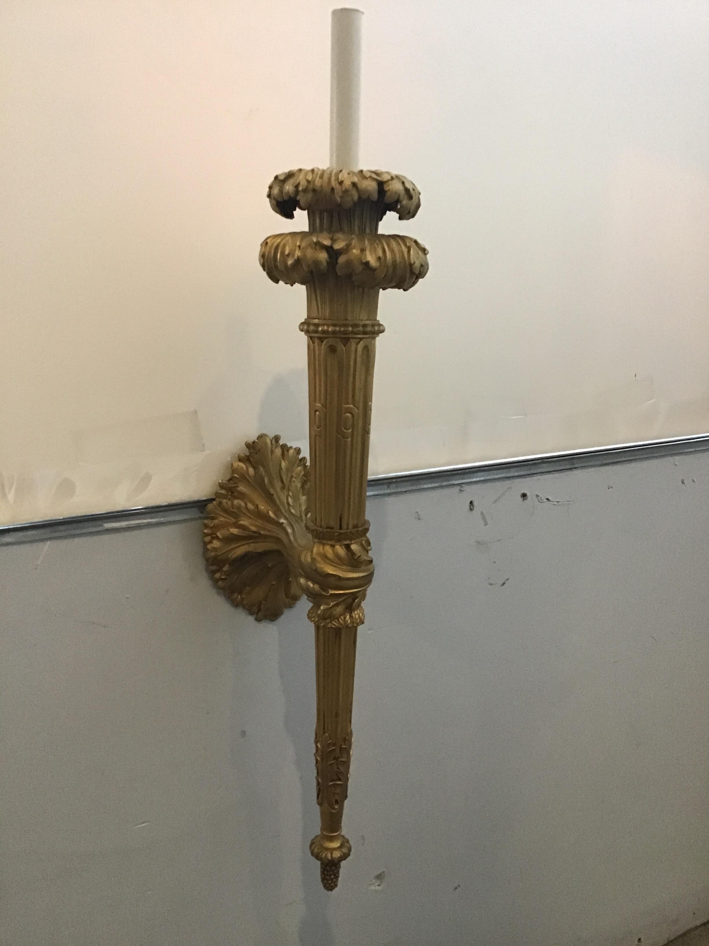 1860s Large French Gilt Bronze Torch Sconces For Sale 9