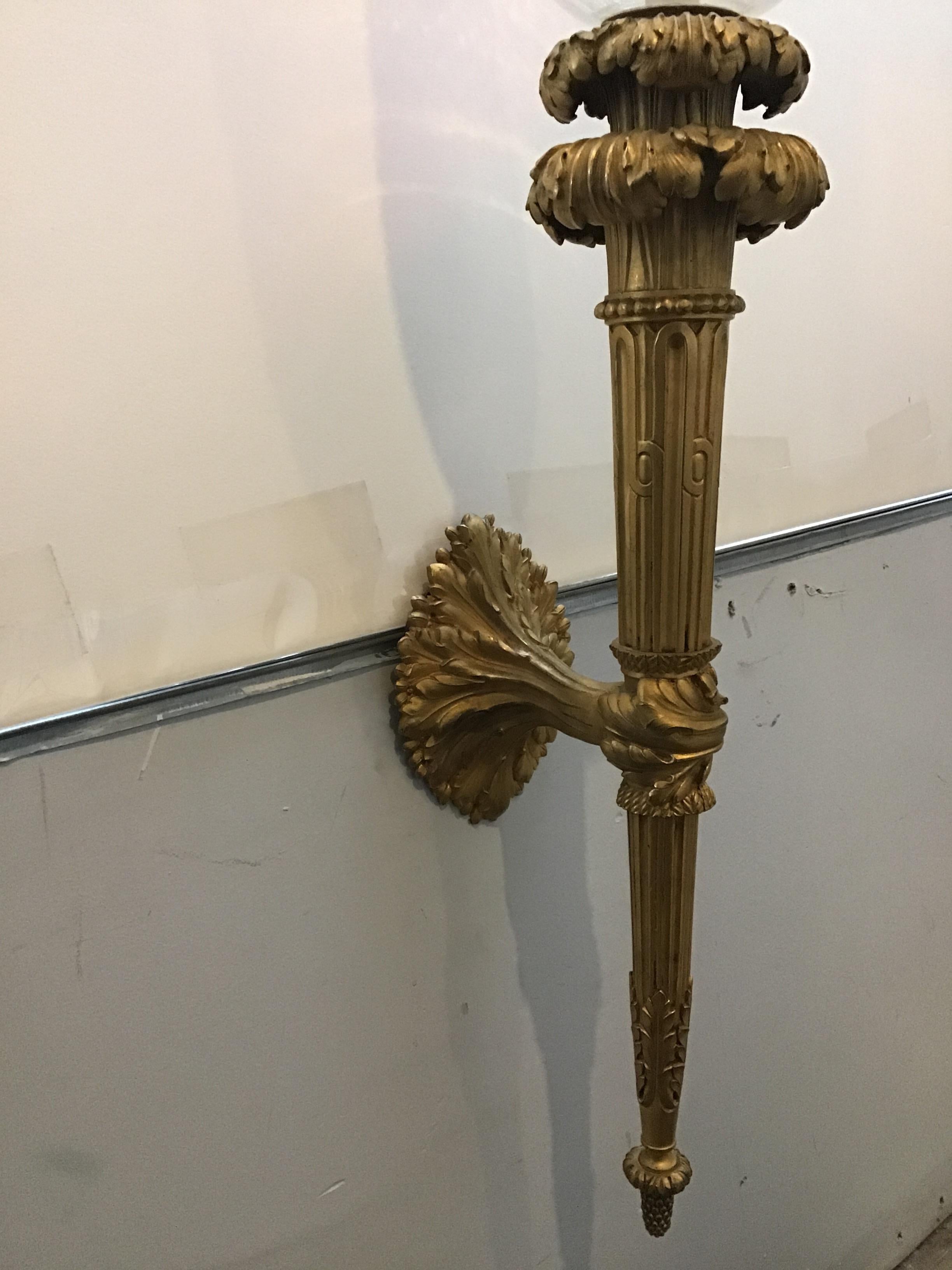 1860s Large French Gilt Bronze Torch Sconces For Sale 11